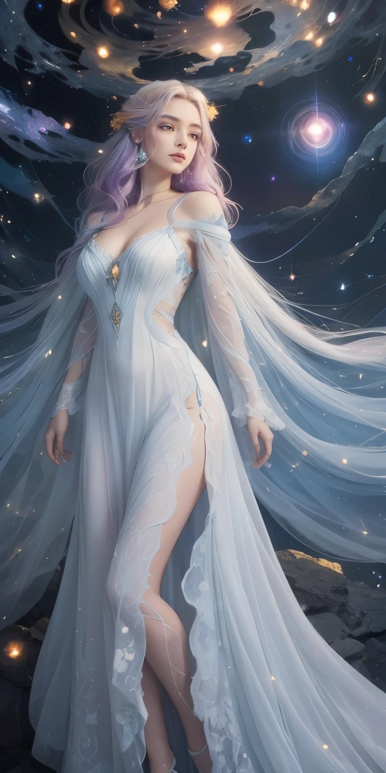 Envision a celestial being, a woman whose dress and hair are made of cosmic elements, standing on a cliff against a backdrop of the starry night sky. Her gown flows and undulates with the vibrant colors of a nebula, blending fiery oranges, reds, and yellows with the deep blues and purples of the cosmos. Her hair is windswept and intermingles with the stars, giving the impression that she is one with the universe. The scene is ethereal and otherworldly, with the figure outlined by the luminescent glow of stardust and cosmic energy. The mood is one of awe and the sublime beauty of the universe, captured in a single, breathtaking moment. by Skyrn99, high detail, high quality, high resolution