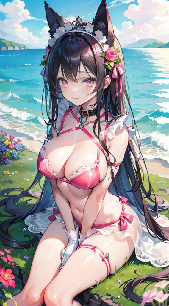 high quality, masterpiece, Super detailed, 1 girl,  Extremely detailed faces, Christmas pink lace latex bikini，pink gloves，pink stockings，Maid tiara，BDSM,handcuffs，collar，calm expression,Smile，handcuffs，collar，long black hair, charming pink eyes, fox ears, Ridiculously big, shiny skin, Sitting on a sea of flowers，Bright sea of flowers，grassland，seaside