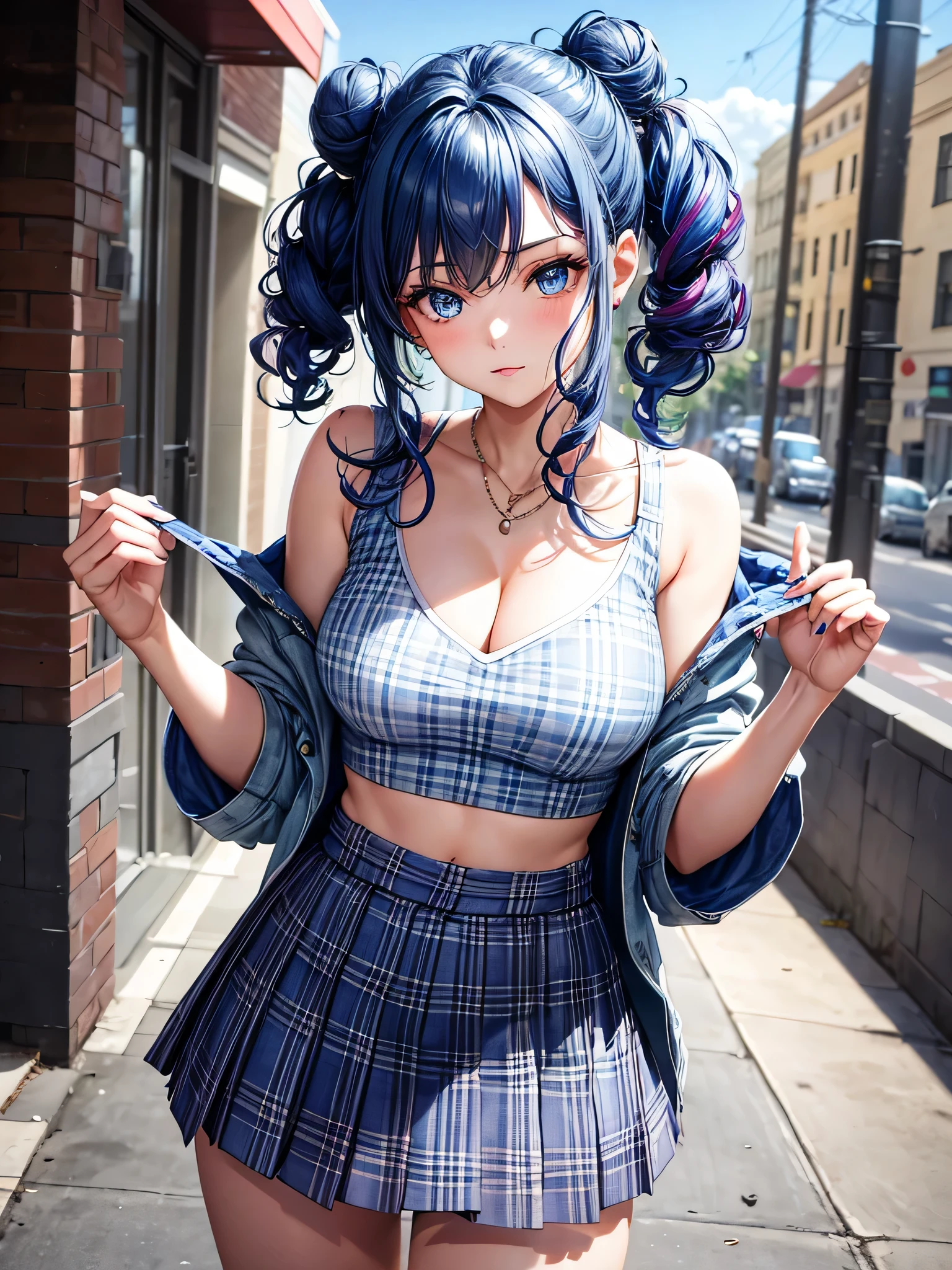 8K, Attractive, intensely detailed, 20 Year Old Girl, sexy and attractive woman with dark, blue curly hair with colored strands. Messy side bun, bright colored strand in hair, She has beautiful sky-blue eyes with a heart inside. She is dressed in white, revealing v neck tight crop top shirt. Big She is wearing a blue plaid mini skirt. She is in various seductive poses Full body shot head to toe looking at viewer