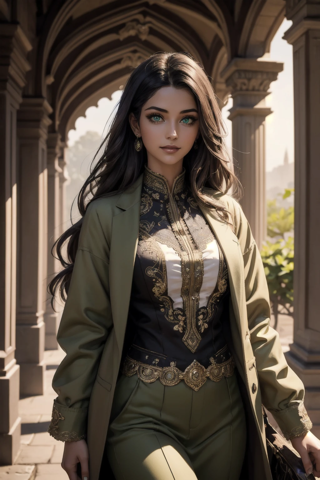 A stunning Indian beauty, with dark brown-black long wavy long hair, with mesmerizing feature with a Hopeful smiling expression, finely detailed eyes, happy mood masterpiece, top quality, best quality, official art, beautiful and aesthetic:1.2), (1girl), extreme detailed,(fractal art:1.3), colorful, highest detailed, (masterpiece, best quality:1.3) 1 bright-green-eyed woman, professional digital painting, Unreal Engine 5. In a 1920 setting, holding lavender flowers at a Lavender flower farm, wearing 1930 style clothing, South-Indian woman, olive-skinned woman, masterpiece, top quality, best quality, official art, beautiful and aesthetic:1.2), (1girl), extreme detailed,(fractal art:1.3), colorful, highest detailed, (masterpiece, best quality:1.3) 1 green-eyed woman, professional digital painting, Unreal Engine 5. Wearing embroidered linen blouse, Wearing long pleated skirt, Wearing Moleskin Field Jacket. Long hair, hopeful expression, finely detailed eyes, smiling, epic scene, epic composition, Cinematic Lighting, Volumetric Lighting, ethereal light, intricate details, extremely detailed volumetric rays. Green Eyes. [Beautiful girl, linen shirt and pants, oil painting, Detailed facial features, Sunlight, bright colors, dramatic lighting, expressive eyes and lips, High Resolution, 4K quality, Photorealistic] 1920 clothing, 1930 clothing, red, orange, yellow, blue, purple, pink,
