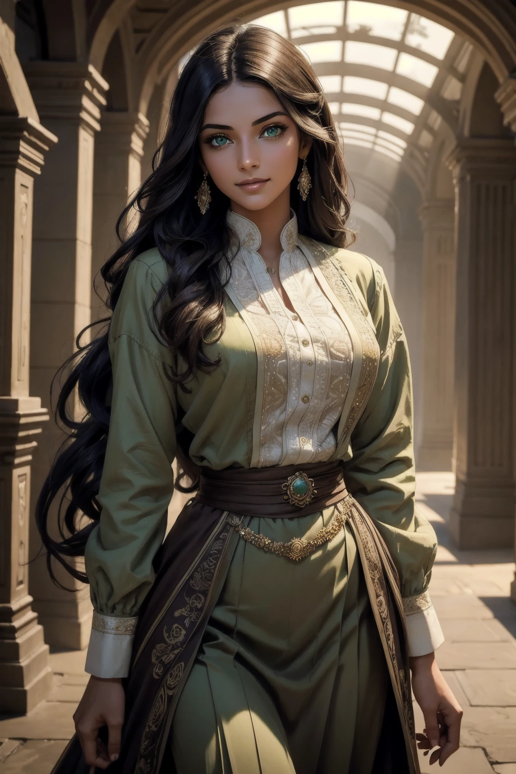A stunning Indian beauty, with dark brown-black long wavy long hair, with mesmerizing feature with a Hopeful smiling expression, finely detailed eyes, happy mood masterpiece, top quality, best quality, official art, beautiful and aesthetic:1.2), (1girl), extreme detailed,(fractal art:1.3), colorful, highest detailed, (masterpiece, best quality:1.3) 1 bright-green-eyed woman, professional digital painting, Unreal Engine 5. In a 1920 setting, holding lavender flowers at a Lavender flower farm, wearing 1930 style clothing, South-Indian woman, olive-skinned woman, masterpiece, top quality, best quality, official art, beautiful and aesthetic:1.2), (1girl), extreme detailed,(fractal art:1.3), colorful, highest detailed, (masterpiece, best quality:1.3) 1 green-eyed woman, professional digital painting, Unreal Engine 5. Wearing embroidered linen blouse, Wearing long pleated skirt, Wearing Moleskin Field Jacket. Long hair, hopeful expression, finely detailed eyes, smiling, epic scene, epic composition, Cinematic Lighting, Volumetric Lighting, ethereal light, intricate details, extremely detailed volumetric rays. Green Eyes. [Beautiful girl, linen shirt and pants, oil painting, Detailed facial features, Sunlight, bright colors, dramatic lighting, expressive eyes and lips, High Resolution, 4K quality, Photorealistic] 1920 clothing, 1930 clothing, red, orange, yellow, blue, purple, pink,
