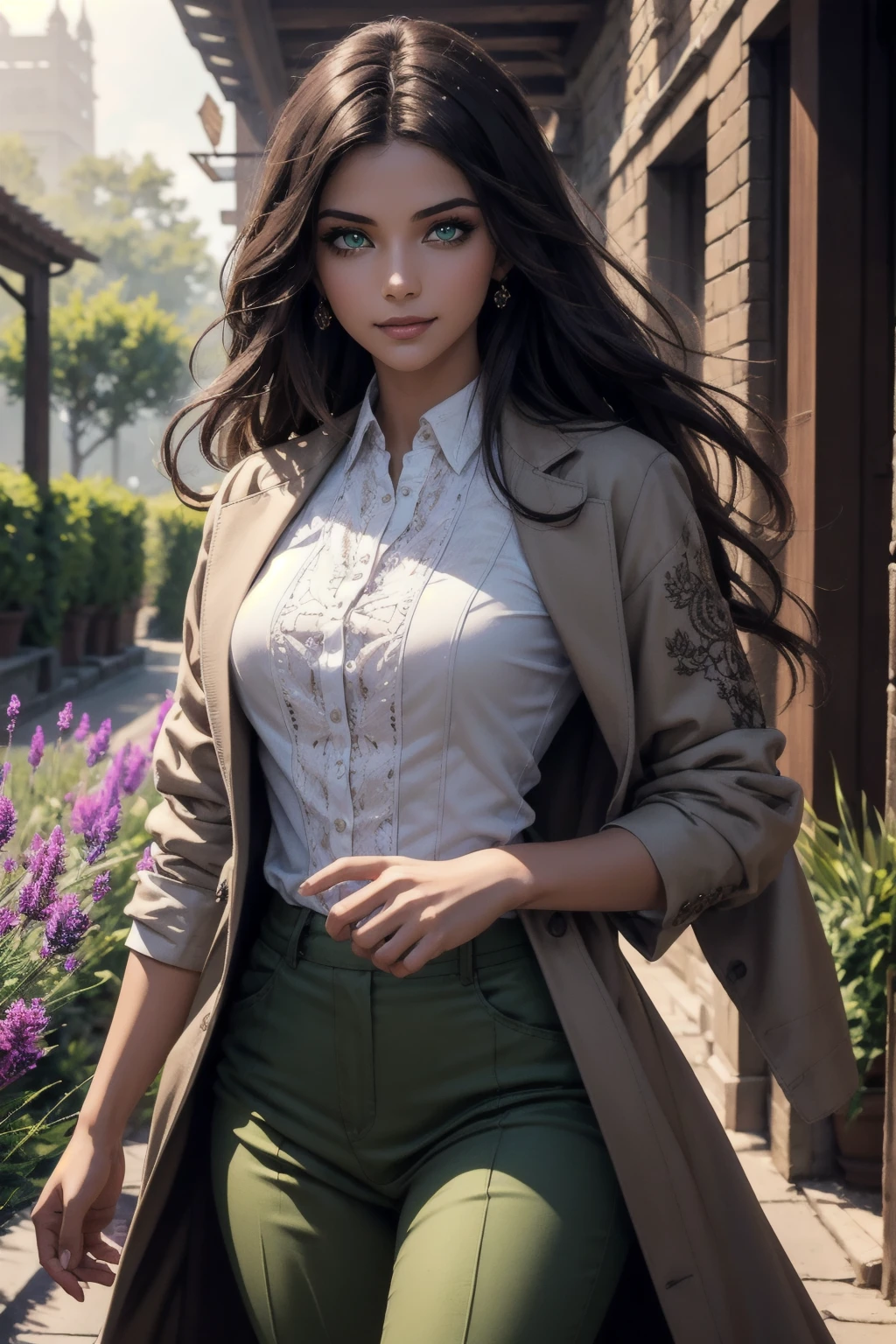 A stunning Indian beauty, with dark brown-black long wavy long hair, with mesmerizing feature with a Hopeful smiling expression, finely detailed eyes, happy mood masterpiece, top quality, best quality, official art, beautiful and aesthetic:1.2), (1girl), extreme detailed,(fractal art:1.3), colorful, highest detailed, (masterpiece, best quality:1.3) 1 bright-green-eyed woman, professional digital painting, Unreal Engine 5. In a 1920 setting, holding lavender flowers at a Lavender flower farm, wearing 1930 style clothing, South-Indian woman, olive-skinned woman, masterpiece, top quality, best quality, official art, beautiful and aesthetic:1.2), (1girl), extreme detailed,(fractal art:1.3), colorful, highest detailed, (masterpiece, best quality:1.3) 1 green-eyed woman, professional digital painting, Unreal Engine 5. Wearing embroidered linen blouse, Wearing long pleated skirt, Wearing Moleskin Field Jacket. Long hair, hopeful expression, finely detailed eyes, smiling, epic scene, epic composition, Cinematic Lighting, Volumetric Lighting, ethereal light, intricate details, extremely detailed volumetric rays. Green Eyes. [Beautiful girl, linen shirt and pants, oil painting, Detailed facial features, Sunlight, bright colors, dramatic lighting, expressive eyes and lips, High Resolution, 4K quality, Photorealistic] 1920 clothing, 1930 clothing, red, orange, yellow, blue, purple, pink,
