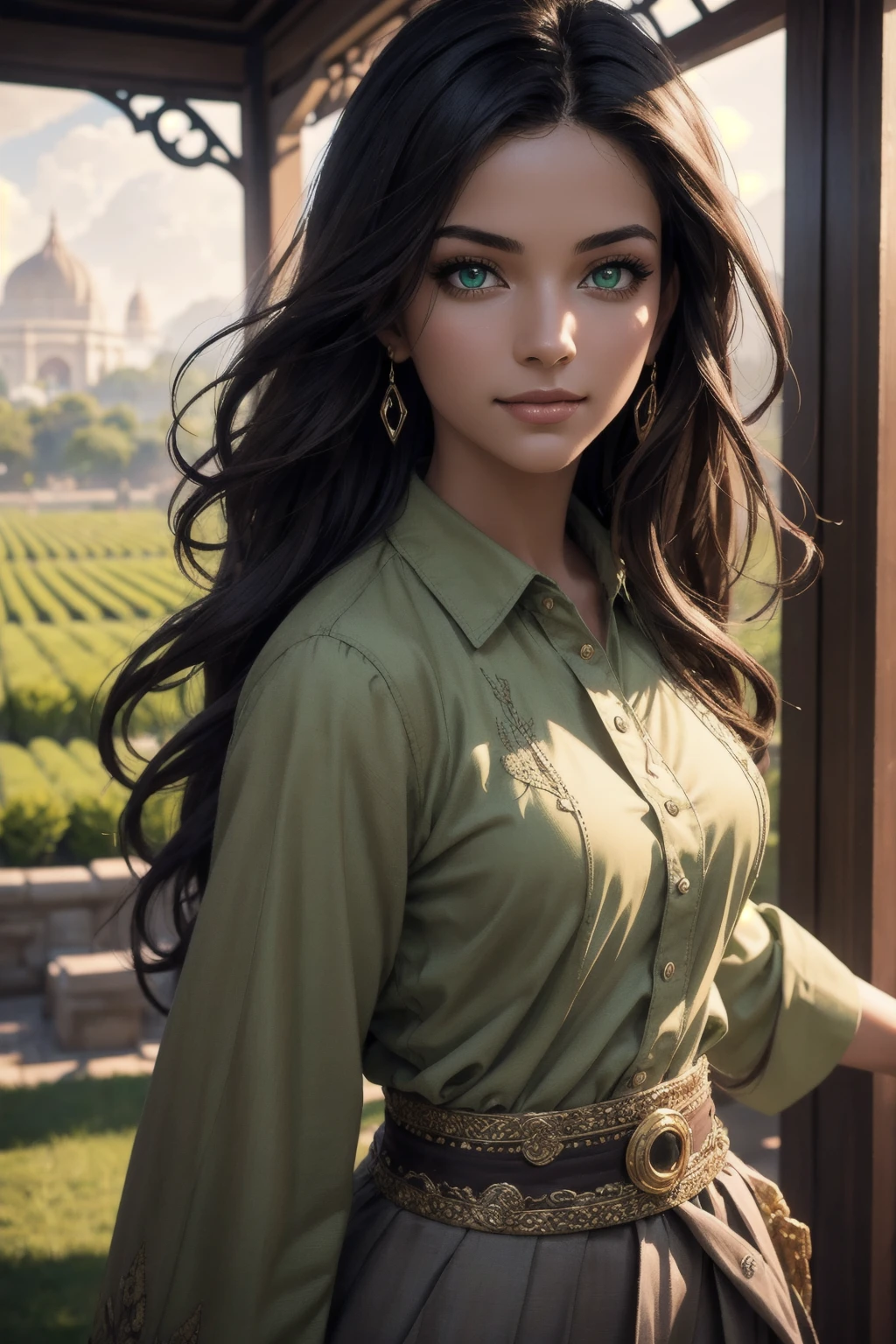 A stunning Indian beauty, with dark brown-black long wavy long hair, with mesmerizing feature with a Hopeful smiling expression, finely detailed eyes, happy mood masterpiece, top quality, best quality, official art, beautiful and aesthetic:1.2), (1girl), extreme detailed,(fractal art:1.3), colorful, highest detailed, (masterpiece, best quality:1.3) 1 bright-green-eyed woman, professional digital painting, Unreal Engine 5. In a 1920 setting, holding lavender flowers at a Lavender flower farm, wearing 1930 style clothing, South-Indian woman, olive-skinned woman, masterpiece, top quality, best quality, official art, beautiful and aesthetic:1.2), (1girl), extreme detailed,(fractal art:1.3), colorful, highest detailed, (masterpiece, best quality:1.3) 1 green-eyed woman, professional digital painting, Unreal Engine 5. Wearing embroidered linen blouse, Wearing long pleated skirt, Wearing Moleskin Field Jacket. Long hair, hopeful expression, finely detailed eyes, smiling, epic scene, epic composition, Cinematic Lighting, Volumetric Lighting, ethereal light, intricate details, extremely detailed volumetric rays. Green Eyes. [Beautiful girl, linen shirt and pants, oil painting, Detailed facial features, Sunlight, bright colors, dramatic lighting, expressive eyes and lips, High Resolution, 4K quality, Photorealistic] 1920 clothing, 1930 clothing, red, orange, yellow, blue, purple, pink,
