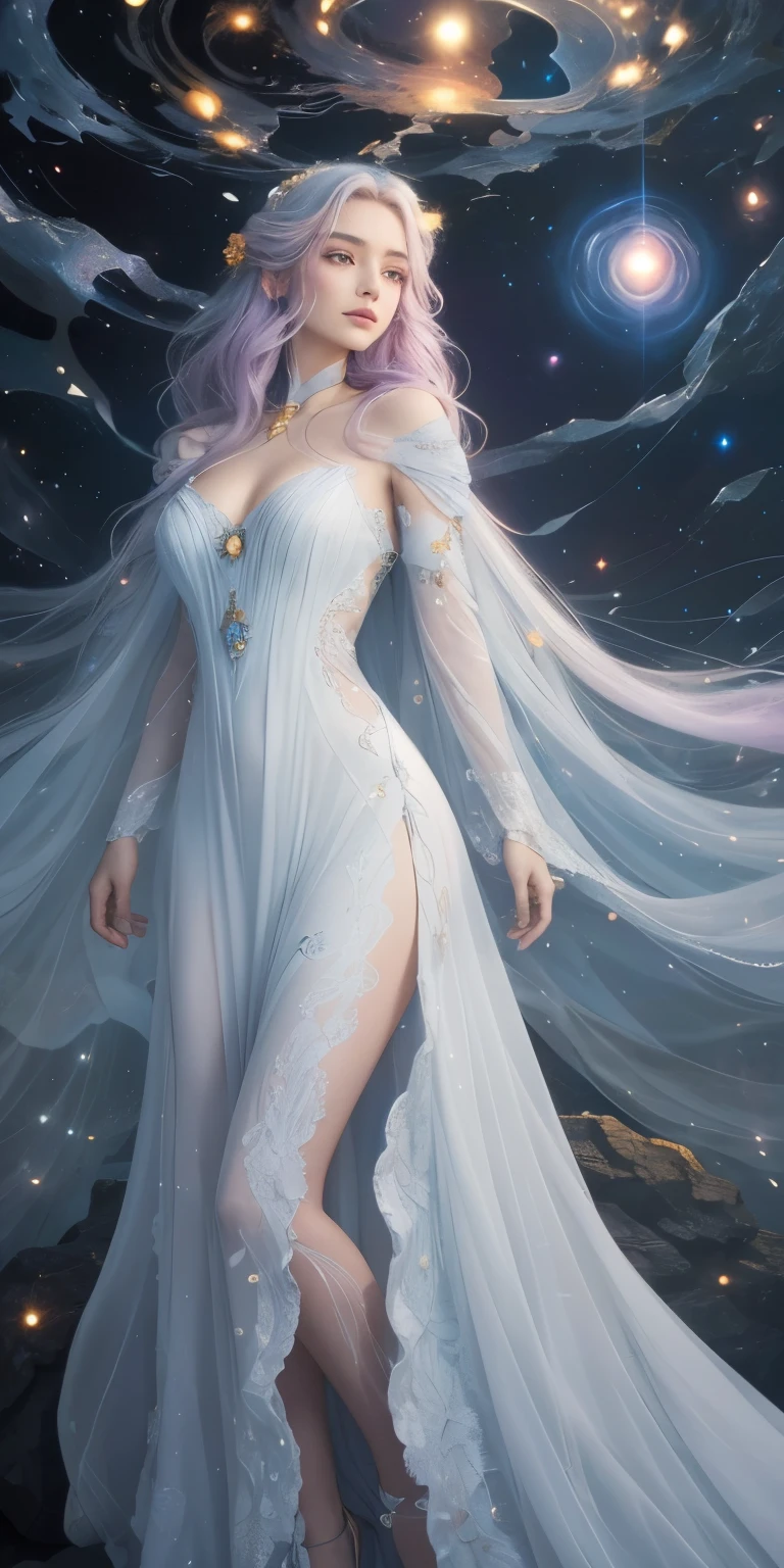 Envision a celestial being, a woman whose dress and hair are made of cosmic elements, standing on a cliff against a backdrop of the starry night sky. Her gown flows and undulates with the vibrant colors of a nebula, blending fiery oranges, reds, and yellows with the deep blues and purples of the cosmos. Her hair is windswept and intermingles with the stars, giving the impression that she is one with the universe. The scene is ethereal and otherworldly, with the figure outlined by the luminescent glow of stardust and cosmic energy. The mood is one of awe and the sublime beauty of the universe, captured in a single, breathtaking moment. by Skyrn99, high detail, high quality, high resolution
