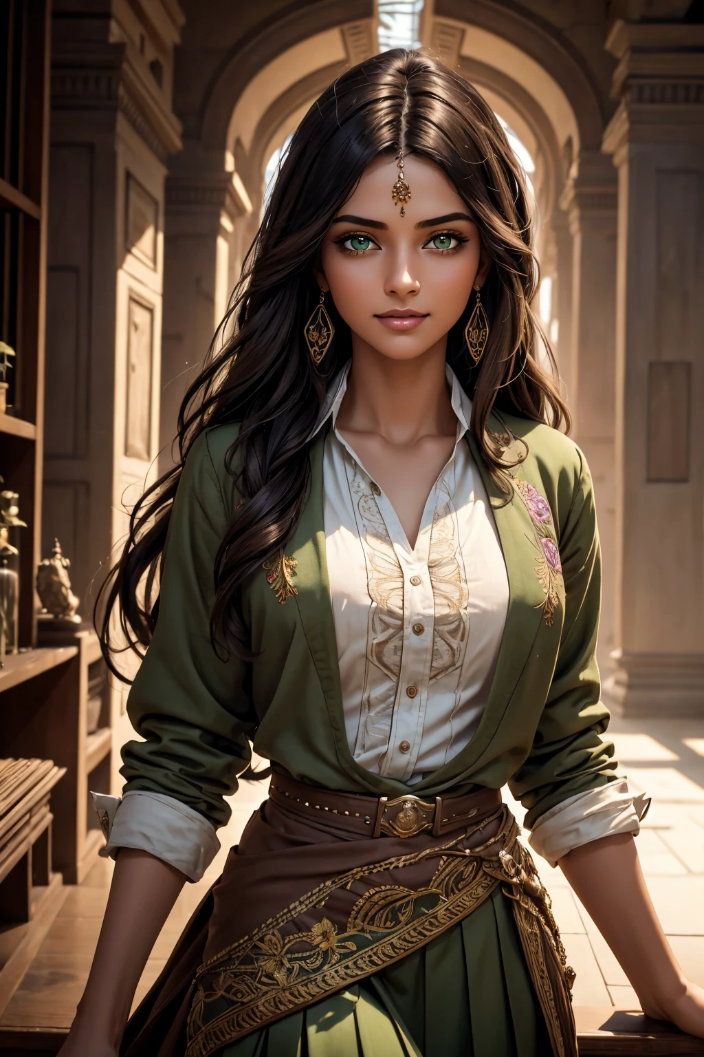 A stunning Indian beauty, with dark brown-black long wavy long hair, with mesmerizing feature with a Hopeful smiling expression, finely detailed eyes, happy mood masterpiece, top quality, best quality, official art, beautiful and aesthetic:1.2), (1girl), extreme detailed,(fractal art:1.3), colorful, highest detailed, (masterpiece, best quality:1.3) 1 bright-green-eyed woman, professional digital painting, Unreal Engine 5. In a 1920 setting, holding lavender flowers at a Lavender flower farm, wearing 1930 style clothing, South-Indian woman, olive-skinned woman, masterpiece, top quality, best quality, official art, beautiful and aesthetic:1.2), (1girl), extreme detailed,(fractal art:1.3), colorful, highest detailed, (masterpiece, best quality:1.3) 1 green-eyed woman, professional digital painting, Unreal Engine 5. Wearing embroidered linen blouse, Wearing long pleated skirt, Wearing Moleskin Field Jacket. Long hair, hopeful expression, finely detailed eyes, smiling, epic scene, epic composition, Cinematic Lighting, Volumetric Lighting, ethereal light, intricate details, extremely detailed volumetric rays. Green Eyes. [Beautiful girl, linen shirt and pants, oil painting, Detailed facial features, Sunlight, bright colors, dramatic lighting, expressive eyes and lips, High Resolution, 4K quality, Photorealistic] 1920 clothing, 1930 clothing, red, orange, yellow, blue, purple, pink,
