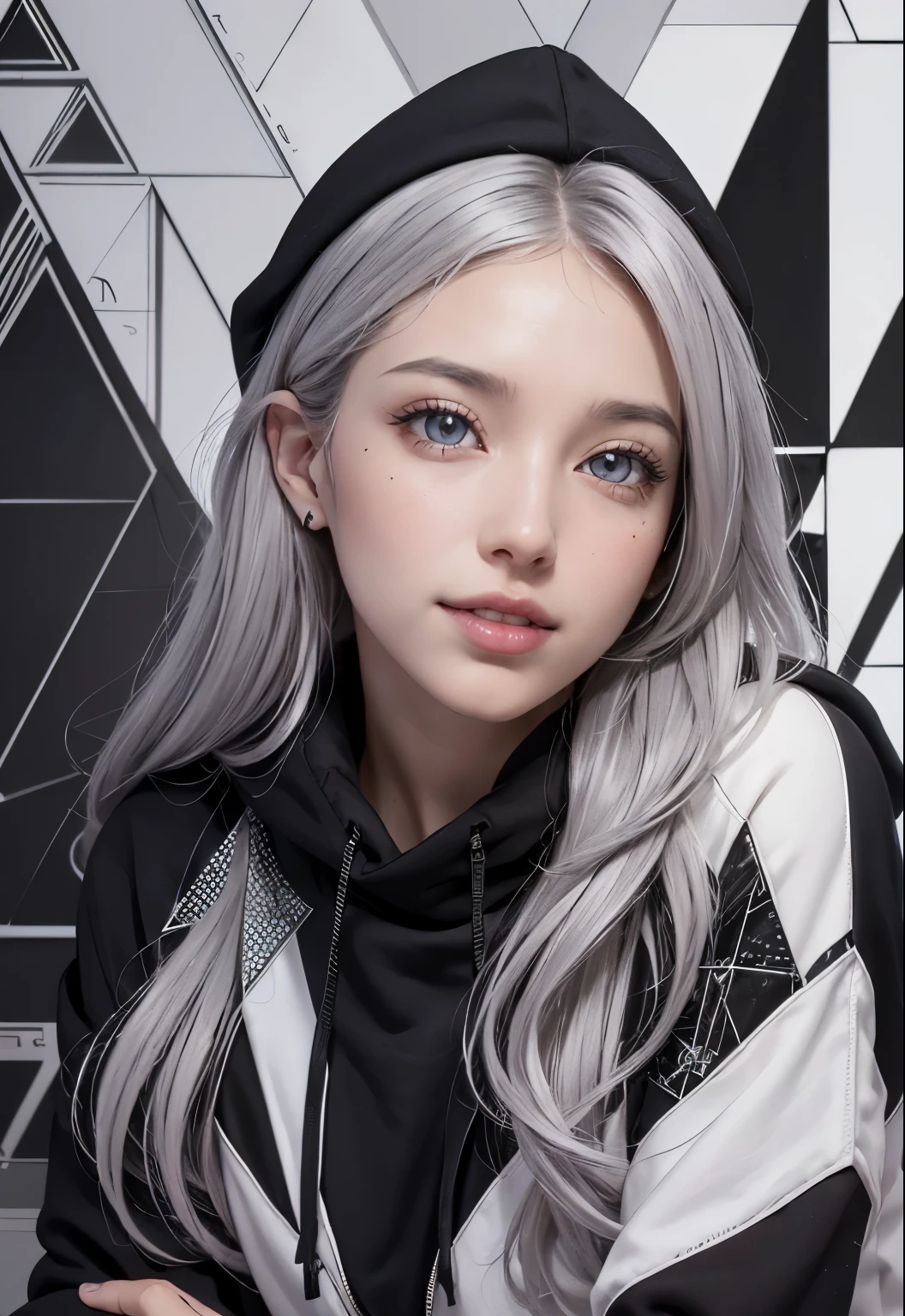 (realistic:1.8), (digital art:0.2), (geometry art:1.7),(Agpi official art, beautiful and aesthetic, super detailed, beautiful, masterpiece, highest quality:1.6), (1 girl:1.2), detailed face, fine eyes, fine hair, Young fingers, finger details, Five Finger REAK&#39;s cute IG model, cute japanese model, 22 years ago, My whole body is toned, small head, small face, small mouth, diamond face, small nose, sharp face line, (droopy eyes, double eyelid, light colored eyes, lustrous eyes, shining eyes:1.2), shiny skin, shiny hair, (gray hair:1.2),
_
break (Happy, smile, teeth, glossy lip:1.2),beautiful teeth, (Upper body:1.5), sitting, From before,
_
break (black and white theme:1.4), (view:1.2), (Close-up highlighting details of sweatshirt:1.2), break (black theme:1.2), (Oversized black hoodie with geometric cutouts and patterns:1.2), (White skinny leggings with a subtle geometric pattern:1.2),