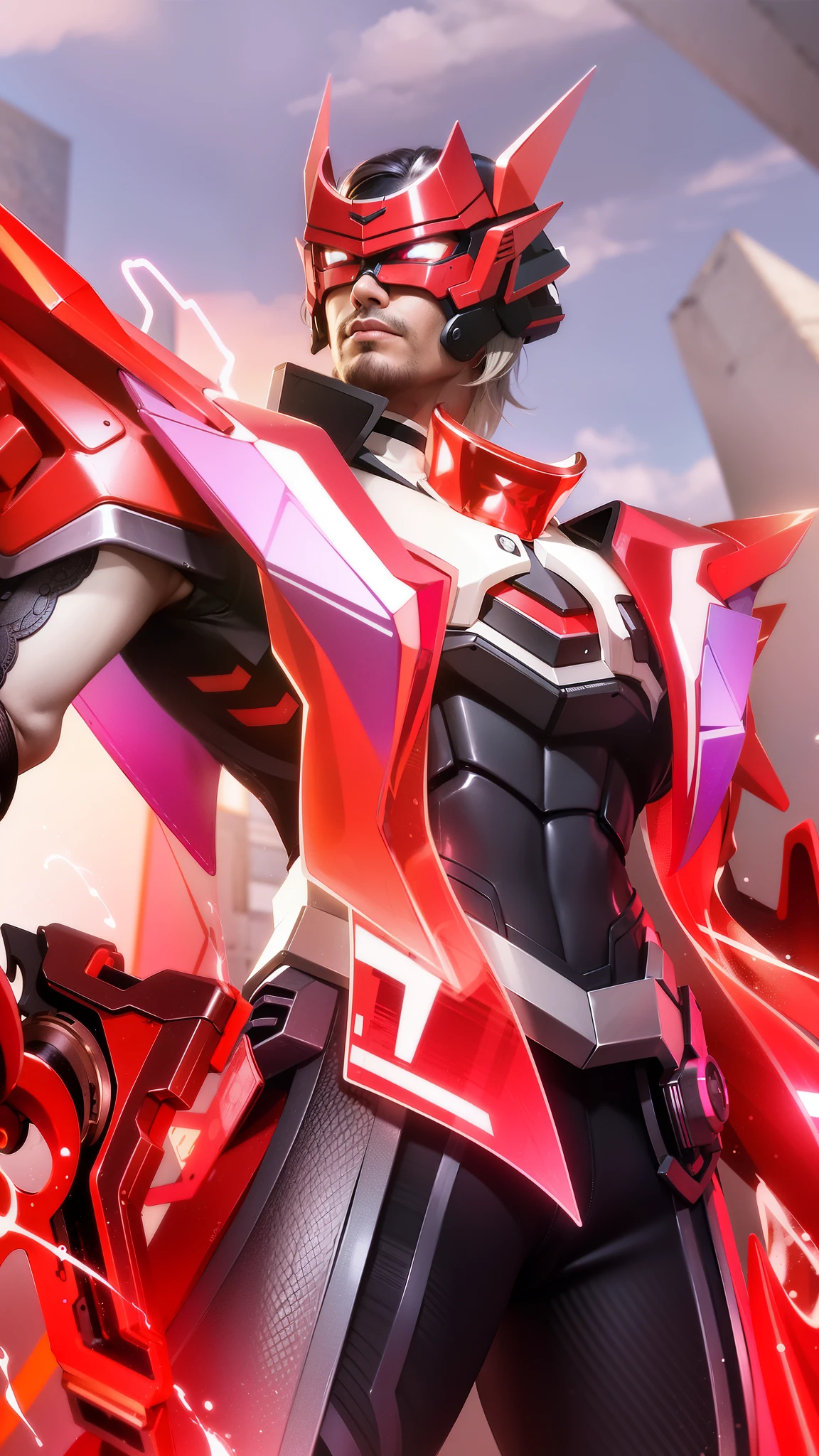 masculine male, masterpiece, best quality, (semirealism:1.9), beautiful lighting, (extremely detailed CG unity 4k fhd wallpaper), High Detail, Sharp focus, dramatic outdoors, there is a man with a gun and a woman with a gun, a close up of a person with a red and black outfit, sharp silver armor fuchsia skin, official splash art, red armor, red aura.