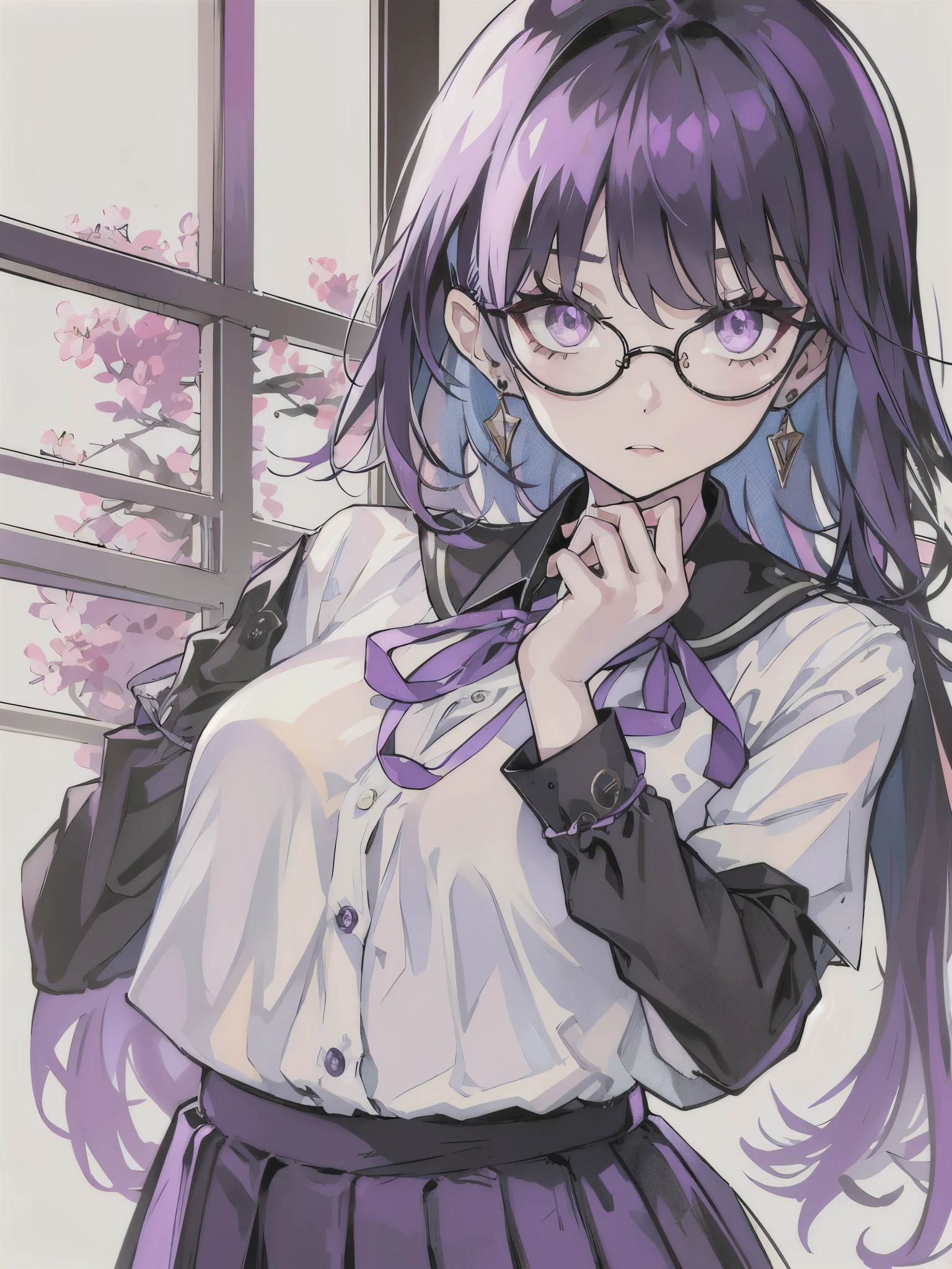 girl in school uniform with black and purple hair standing in front of 紫色の背景, 1 girl, alone, short hair, skirt, shirt, black hair, simple background, white shirt, purple eyes, black tie, jewelry, pleated skirt, From the side, short sleeve, earrings, collared shirt, shirt tucked in,rum \(rumダヨー\), eye shadow.white clothes,glasses