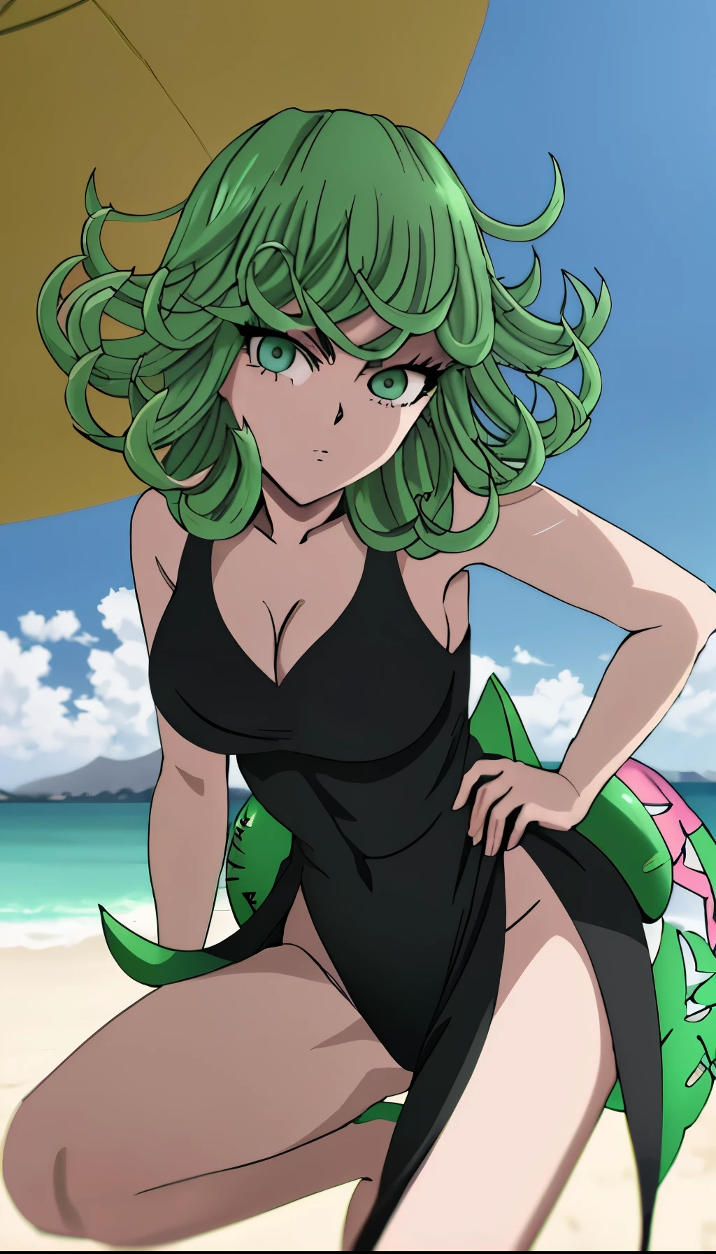 Chica de anime acostada en una cama con una botella de cerveza, Tatsumaki de One Punch Man, Tatsumaki, Tatsumaki con cabello verde rizado, en una playa, Fanart de alta calidad, en la playa, Tendencias en ArtStation Pixiv, Guweiz y Pixiv Artstation, Fanart exquisito altamente detallado, Artgerm extremadamente detallado, ArteZerochan,bikini ajustado,sentado,piernas cruzadas.