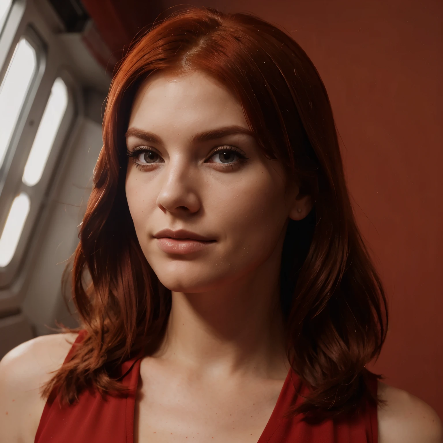 Pretty red head femshep, closeup portrait, red dress