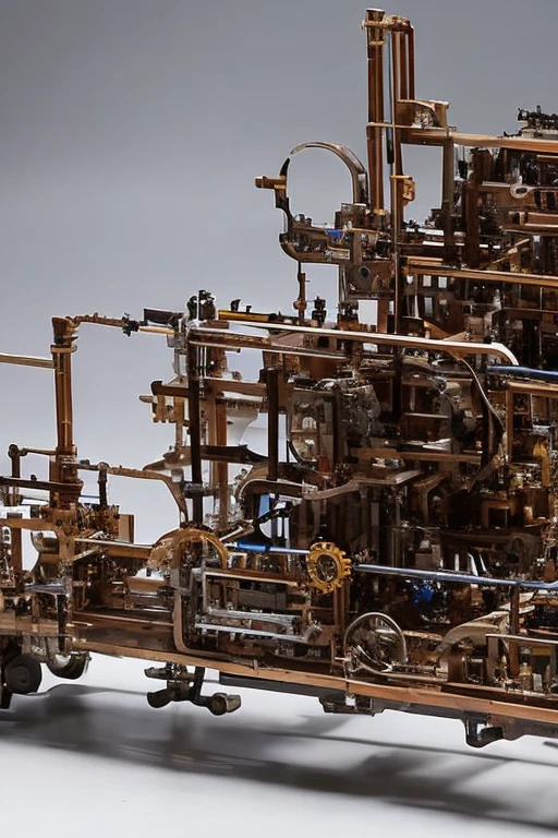 A clock work android woman (obvious gears and mechanical seams) is being given diagnostics in a work shop, she is nude and striking intricate sultry poses
