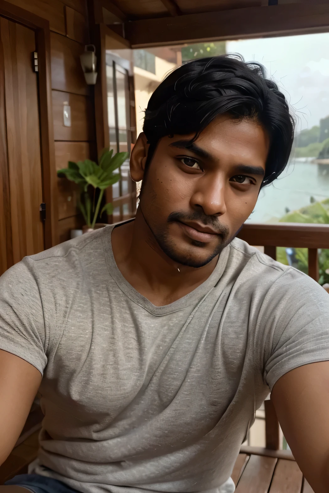 selfie. Create a Sri Lankan male boy character aged around 25 years. that should have an average body not muscular but healthy with a short bear on the face and stylish black hair on the head. make face handsome and lovely and honest look