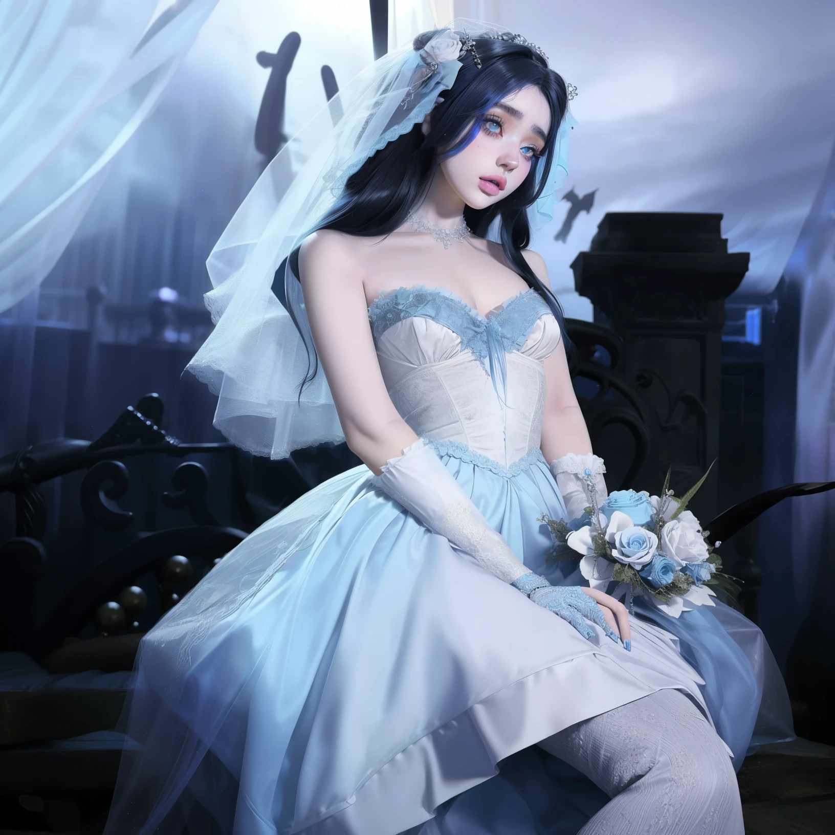 un primer plano de una mujer con un vestido de novia y un ramo, corpse bride style, Corpse Bride art style, ponme celoso, she has pale blue skin.!!!, melanie martinez, muy hermosa top model goth, ponme celoso tom bagshaw, an elegant gothic princess, she parece una mezcla de mugre, Lily Collins, arte de fan, parece una mezcla de mugre