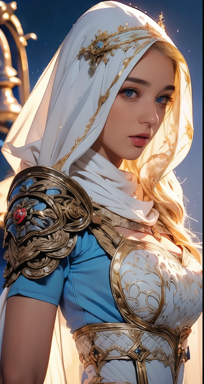 Erect nipples, wearing a hijab , luxury hijab,crown luxury , blue eye, blond hair, around 17 years old, (gold ), tmasterpiece，Best quality at best，A high resolution，8K，((Portrait))，(upper body)，Original photo，real photograph，digital photography，(Female princess in the medieval fantasy style), sexy princess ，blue eye， super colossal breast, round colossal breast ，open kissing lips，Keep your mouth shuegant and charming，((Blushing))，virgin contempt，Calm and handsome，(Medieval fantasy dress，The Beautiful super huge round breast, small waist, perfect colossal breast of princess body, a blue delicate pattern，silver Cloak)，(princes medieval character medieval fantasy style，oc render reflection texture, fighting style,  sexy colossal breast , medieval castle background, slim body, very small waist, 