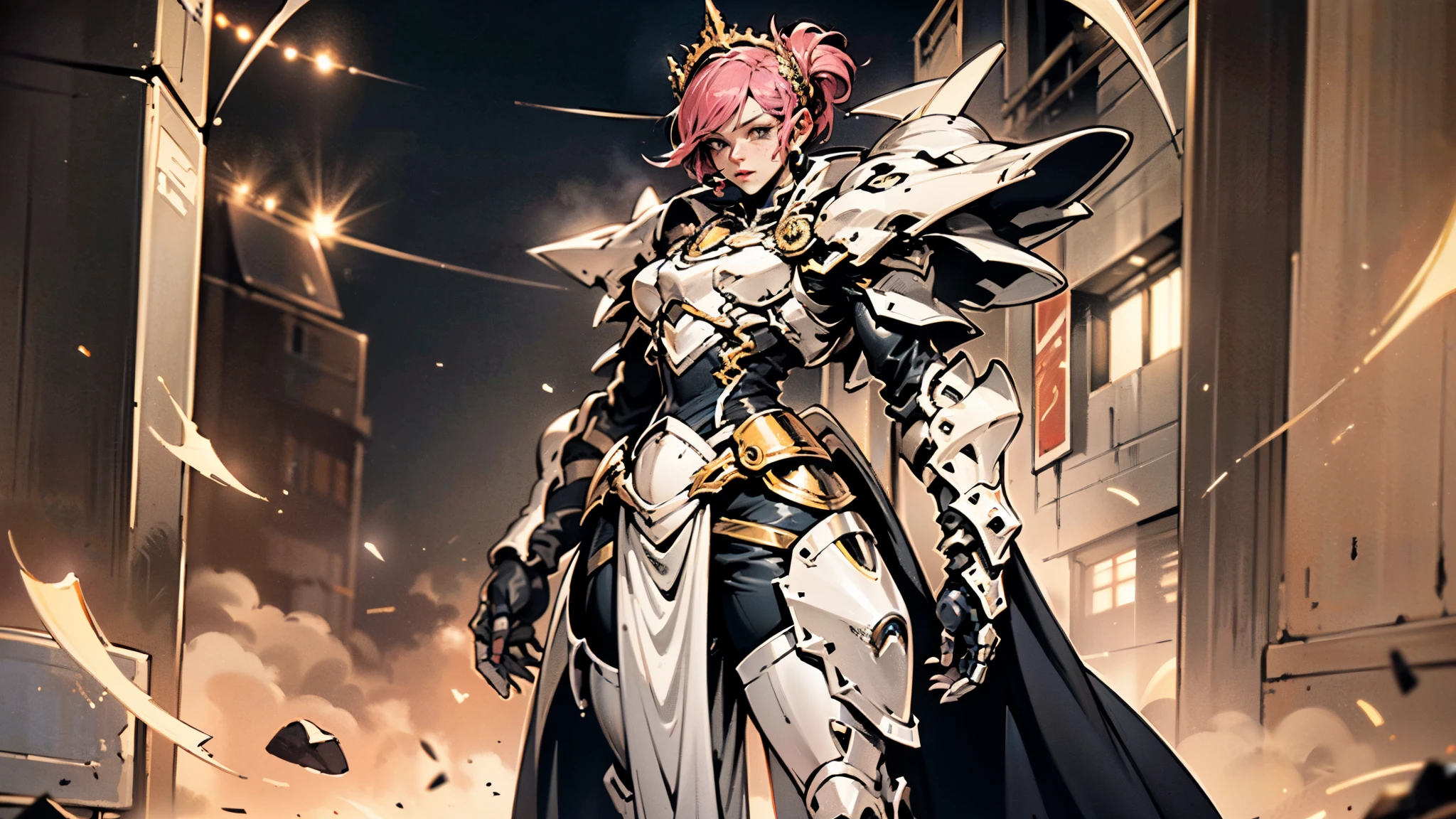 A woman adorned in fantasy-style full-body armor, a crown-concept fully enclosed helmet that unveils only her eyes, a composite layered chest plate, fully encompassing shoulder and hand guards, a lightweight waist armor, form-fitting shin guards, the overall design is heavy-duty yet flexible, ((the armor gleams with a golden glow, complemented by red and blue accents)), exhibiting a noble aura, she floats above a fantasy-surreal high-tech city, this character embodies a finely crafted fantasy-surreal style armored hero in anime style, exquisite and mature manga art style, (Queen bee mixed with Spider concept Armor, plasma, blood), ((Element, energy, elegant, goddess, femminine:1.5)), metallic, high definition, best quality, highres, ultra-detailed, ultra-fine painting, extremely delicate, professional, anatomically correct, symmetrical face, extremely detailed eyes and face, high quality eyes, creativity, RAW photo, UHD, 32k, Natural light, cinematic lighting, masterpiece-anatomy-perfect, masterpiece:1.5