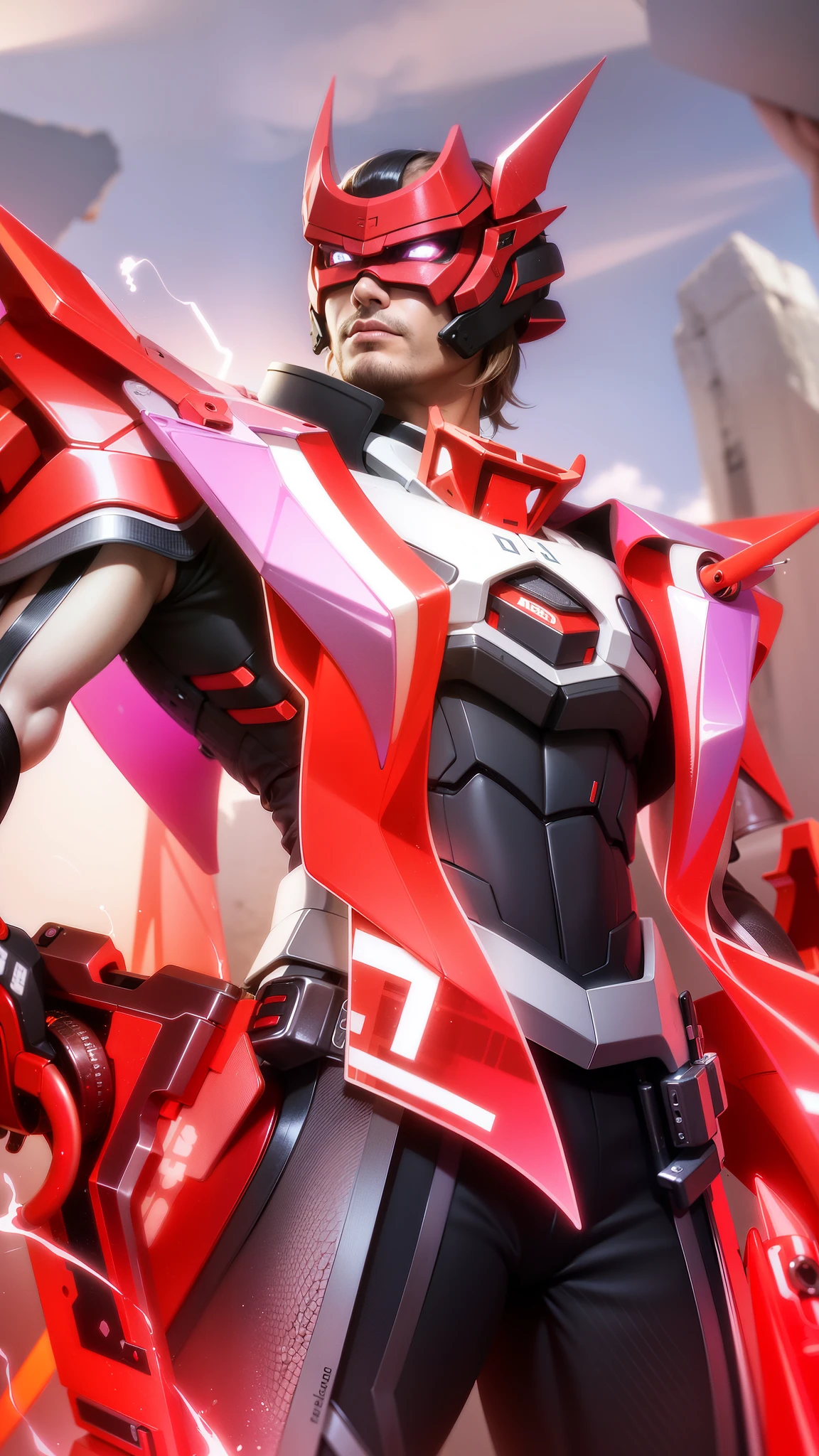 masculine male, masterpiece, best quality, (semirealism:1.9), beautiful lighting, (extremely detailed CG unity 4k fhd wallpaper), High Detail, Sharp focus, dramatic outdoors, there is a man with a gun and a woman with a gun, a close up of a person with a red and black outfit, sharp silver armor fuchsia skin, official splash art, red armor, red aura.