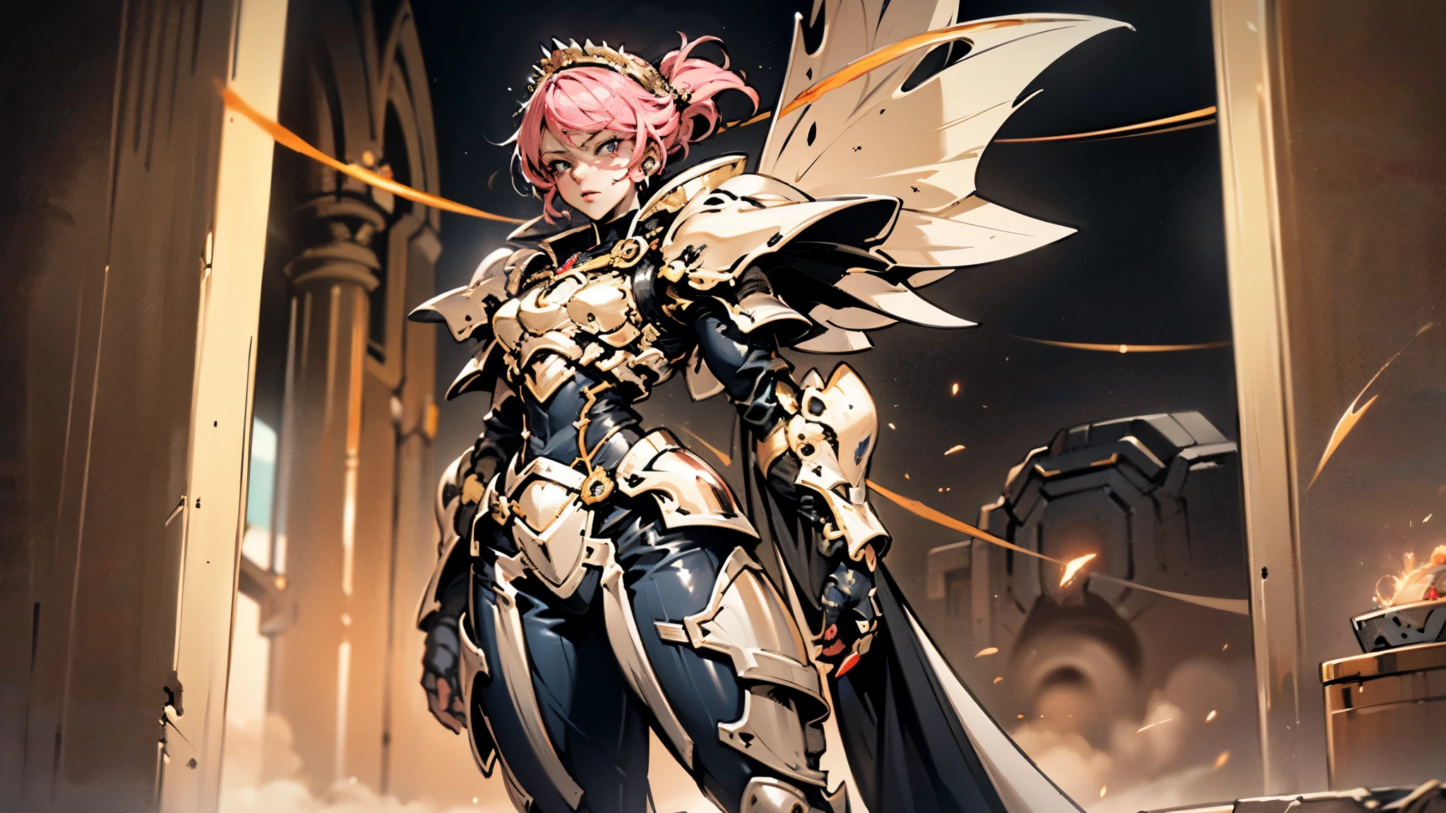 A woman adorned in fantasy-style full-body armor, a crown-concept fully enclosed helmet that unveils only her eyes, a composite layered chest plate, fully encompassing shoulder and hand guards, a lightweight waist armor, form-fitting shin guards, the overall design is heavy-duty yet flexible, ((the armor gleams with a golden glow, complemented by red and blue accents)), exhibiting a noble aura, she floats above a fantasy-surreal high-tech city, this character embodies a finely crafted fantasy-surreal style armored hero in anime style, exquisite and mature manga art style, (Queen bee mixed with Spider concept Armor, plasma, blood), ((Element, energy, elegant, goddess, femminine:1.5)), metallic, high definition, best quality, highres, ultra-detailed, ultra-fine painting, extremely delicate, professional, anatomically correct, symmetrical face, extremely detailed eyes and face, high quality eyes, creativity, RAW photo, UHD, 32k, Natural light, cinematic lighting, masterpiece-anatomy-perfect, masterpiece:1.5