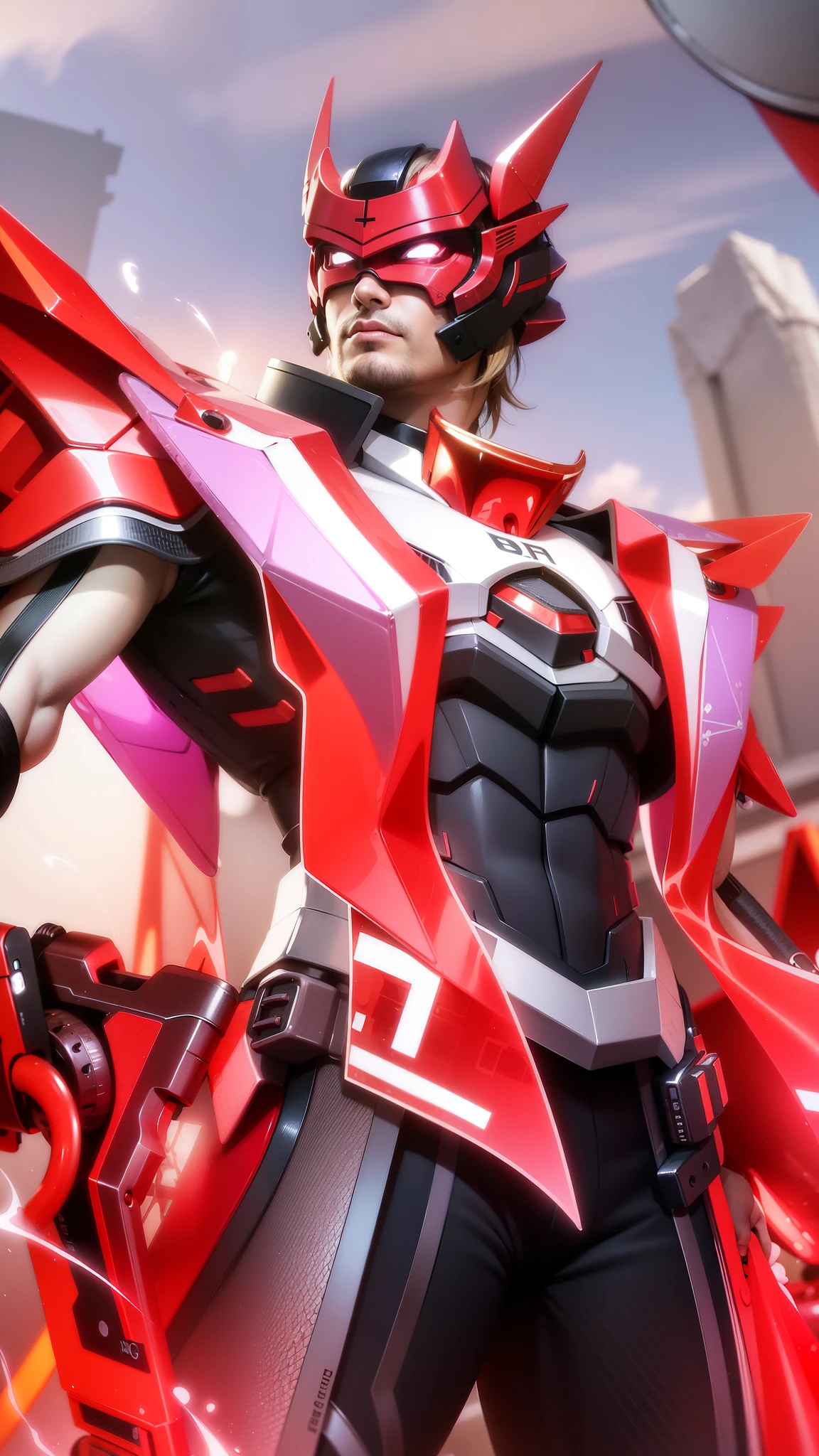 masculine male, masterpiece, best quality, (semirealism:1.9), beautiful lighting, (extremely detailed CG unity 4k fhd wallpaper), High Detail, Sharp focus, dramatic outdoors, there is a man with a gun and a woman with a gun, a close up of a person with a red and black outfit, sharp silver armor fuchsia skin, official splash art, red armor, red aura.