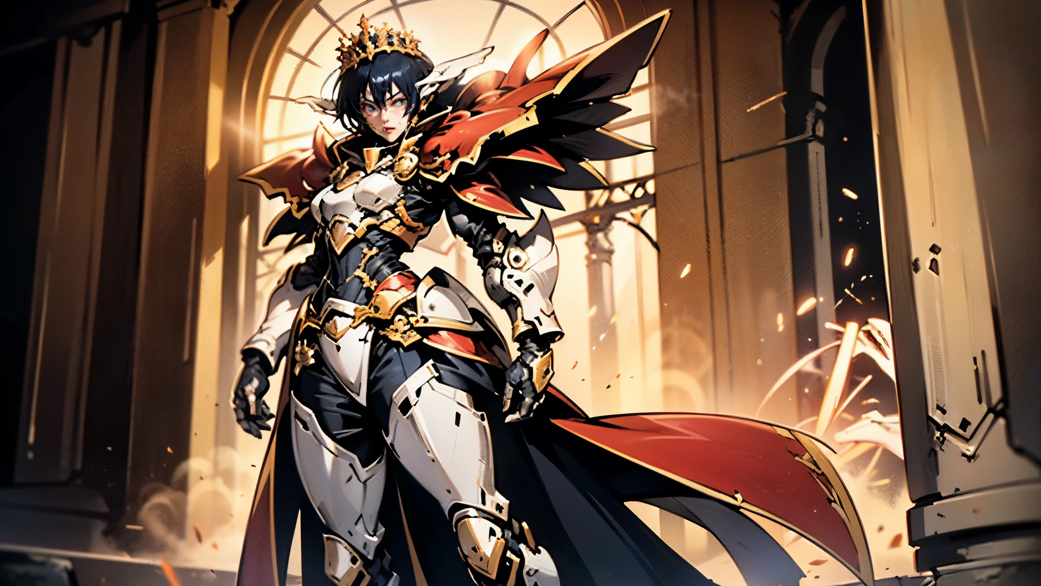 A woman adorned in fantasy-style full-body armor, a crown-concept fully enclosed helmet that unveils only her eyes, a composite layered chest plate, fully encompassing shoulder and hand guards, a lightweight waist armor, form-fitting shin guards, the overall design is heavy-duty yet flexible, ((the armor gleams with a golden glow, complemented by red and blue accents)), exhibiting a noble aura, she floats above a fantasy-surreal high-tech city, this character embodies a finely crafted fantasy-surreal style armored hero in anime style, exquisite and mature manga art style, (Queen bee mixed with Spider concept Armor, plasma, blood), ((Element, energy, elegant, goddess, femminine:1.5)), metallic, high definition, best quality, highres, ultra-detailed, ultra-fine painting, extremely delicate, professional, anatomically correct, symmetrical face, extremely detailed eyes and face, high quality eyes, creativity, RAW photo, UHD, 32k, Natural light, cinematic lighting, masterpiece-anatomy-perfect, masterpiece:1.5