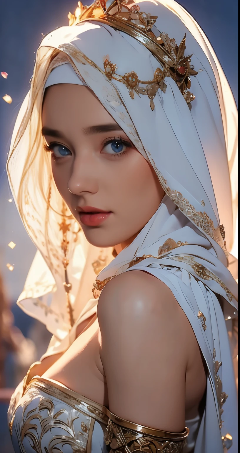 Erect nipples, wearing a hijab , luxury hijab,crown luxury , blue eye, blond hair, around 17 years old, (gold ), tmasterpiece，Best quality at best，A high resolution，8K，((Portrait))，(upper body)，Original photo，real photograph，digital photography，(Female princess in the medieval fantasy style), sexy princess ，blue eye， super colossal breast, round colossal breast ，open kissing lips，Keep your mouth shuegant and charming，((Blushing))，virgin contempt，Calm and handsome，(Medieval fantasy dress，The Beautiful super huge round breast, small waist, perfect colossal breast of princess body, a blue delicate pattern，silver Cloak)，(princes medieval character medieval fantasy style，oc render reflection texture, fighting style,  sexy colossal breast , medieval castle background, slim body, very small waist, 