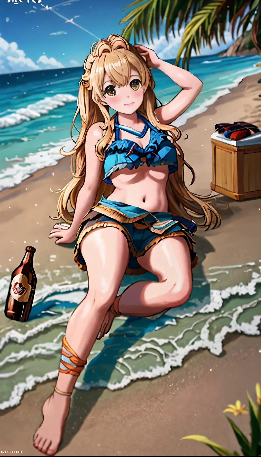 Chica de anime acostada en una cama con una botella de cerveza, en una playa, Fanart de alta calidad, en la playa, Tendencias en ArtStation Pixiv, Guweiz y Pixiv Artstation, Fanart exquisito altamente detallado, Artgerm extremadamente detallado, ArteZerochan,bikini ajustado,sentado,piernas cruzadas.