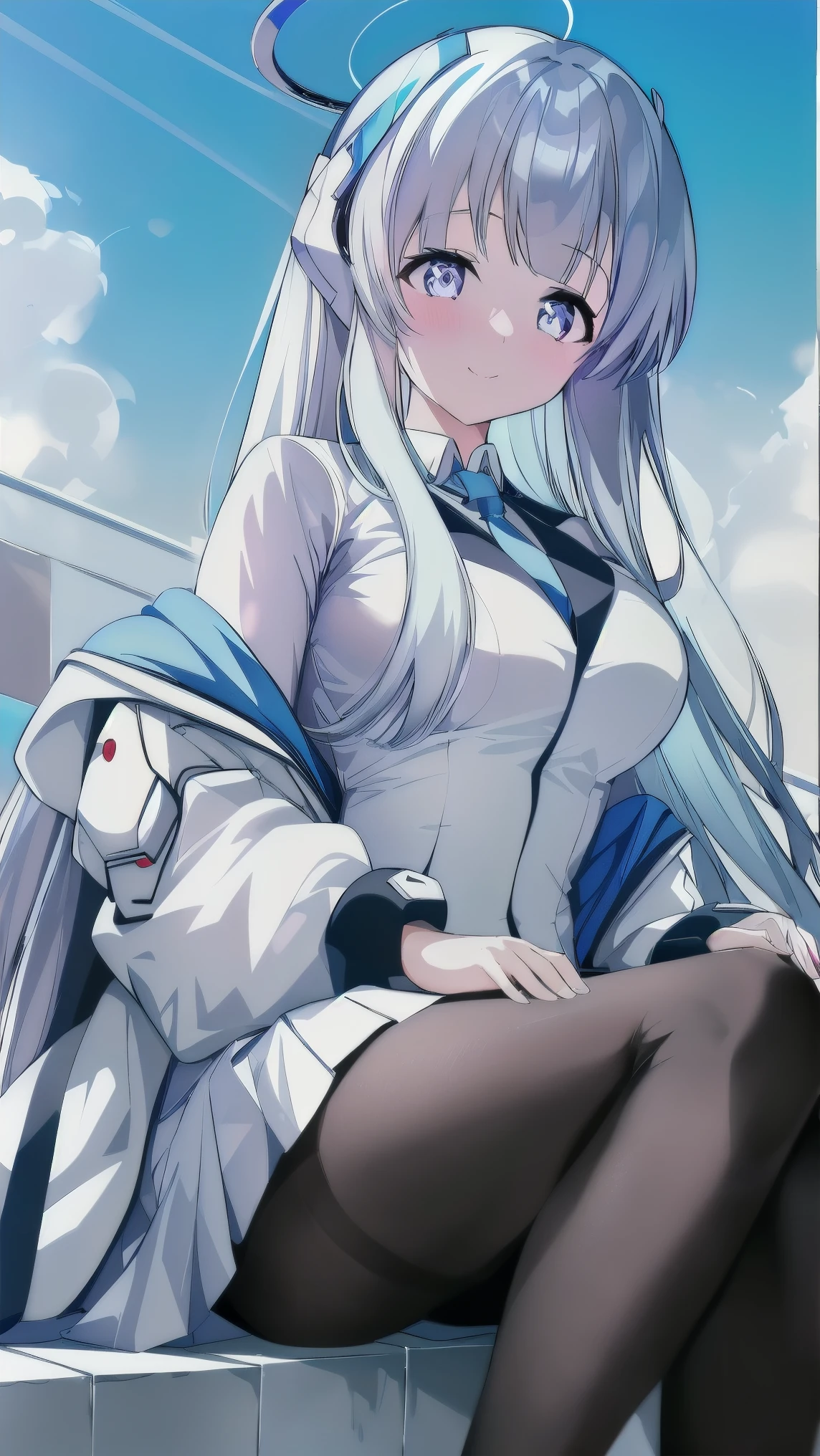 (A superb exquisite ushio noa), 8k, Ultra high resolution, (masterpiece:1.2), (best quality, finely detailed beautiful eyes), extremely delicate, 5 finger, solo, real light and shadow, Model pose, (blue necktie, white shirt, off shoulder, white open jacket, long sleeves, white pleated skirt, black pantyhose), mechanical halo, outdoor,