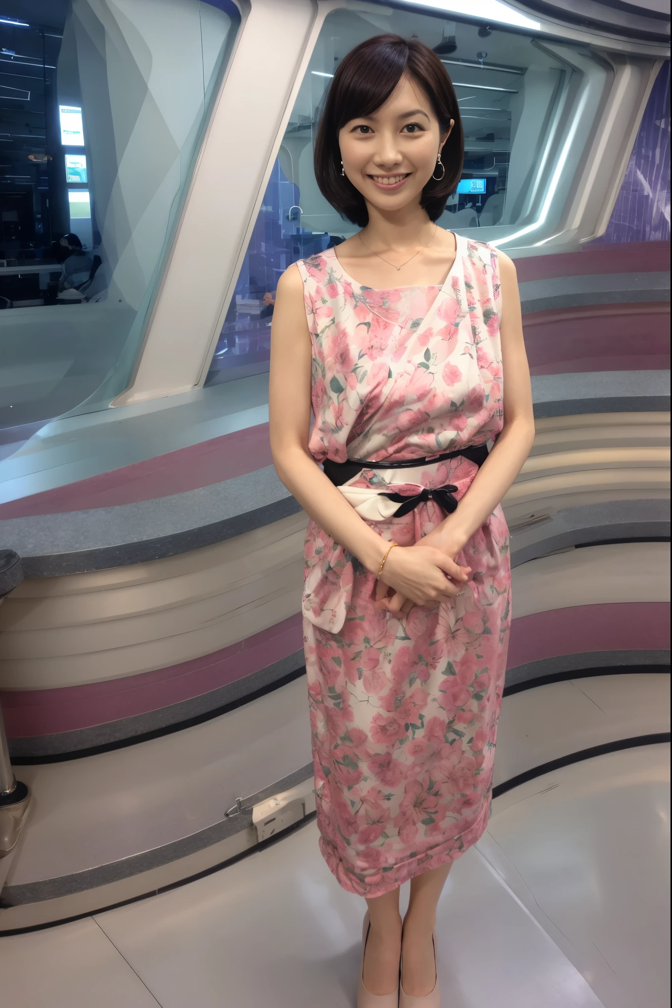 1girl (wearing a sleeveless qipao:1.1, floral print of red , in front of Tokyo Roppongi Hills ),((large breasts)),((full body)), (((hands behind head:1.3))), ((Long slit that reveals thighs)), (RAW photo, best quality), (realistic, photo-realistic:1.4), masterpiece, an extremely delicate and beautiful, extremely detailed, 2k wallpaper, Amazing, finely detail, extremely detailed CG unity 8k wallpaper, ultra-detailed, highres, soft light, beautiful detailed girl, extremely detailed eyes and face length, thin face and sharp jaw, beautiful detailed nose, beautiful detailed , solo, jewelry, (bright brown hair), earrings, sleeveless qipao:1.1, floral print, bright brown eyes, anatomy, soft light, slender body, standing , ((smile)), Tokyo Roppongi Hills lights at night,