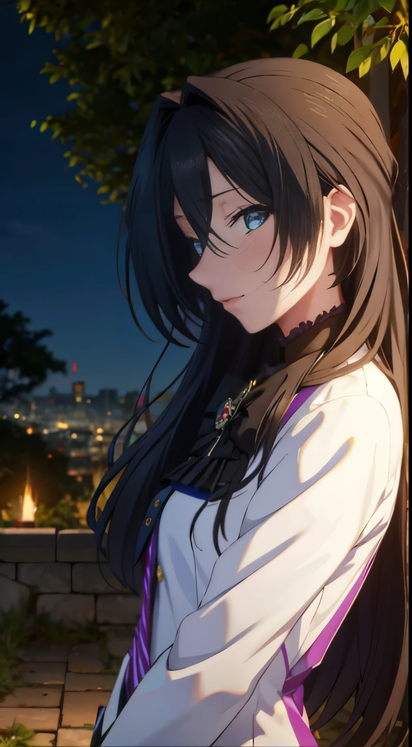 (absurdres, highres, ultra detailed, HDR), masterpiece, best quality), 1girl, Dominique de sade, long hair, School uniforms,Side parted hair, in the forest, at night, half body photo,ultra detail