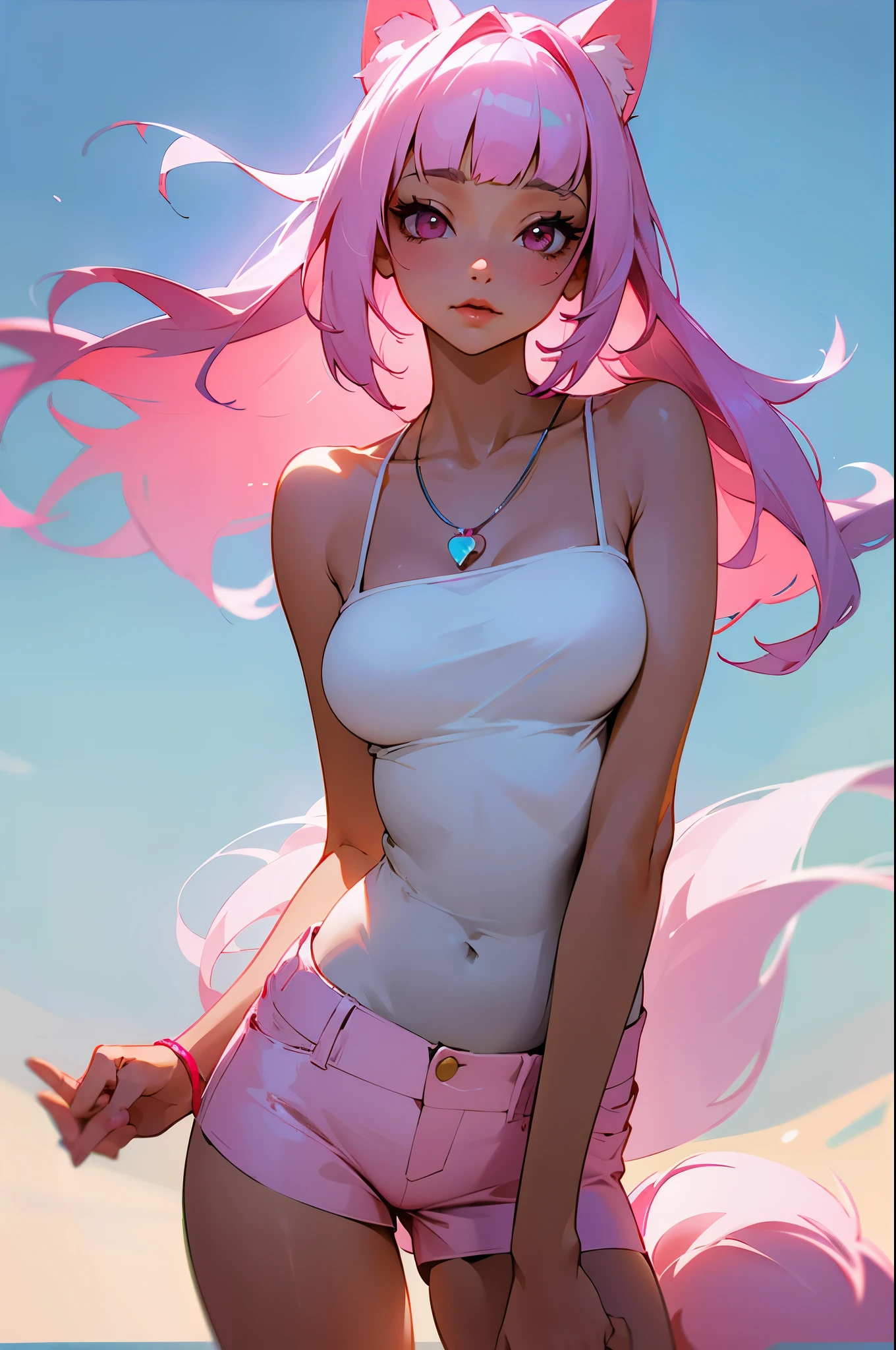 1 Girl Long Pink Hair, Blunt Bangs, Light Pink Eyes, Perfect Body Slim Curves, Big Lips, Split Lips, Soft Beauty, Shy, Sexy, Wearing Pure White Camisole, Wearing Pink Shorts, Pink Dog Ears, Pink Dog Tail, White Necklace, Outtown Background, Absurd, High Resolution, Super Sharp, 8K, Masterpiece ...