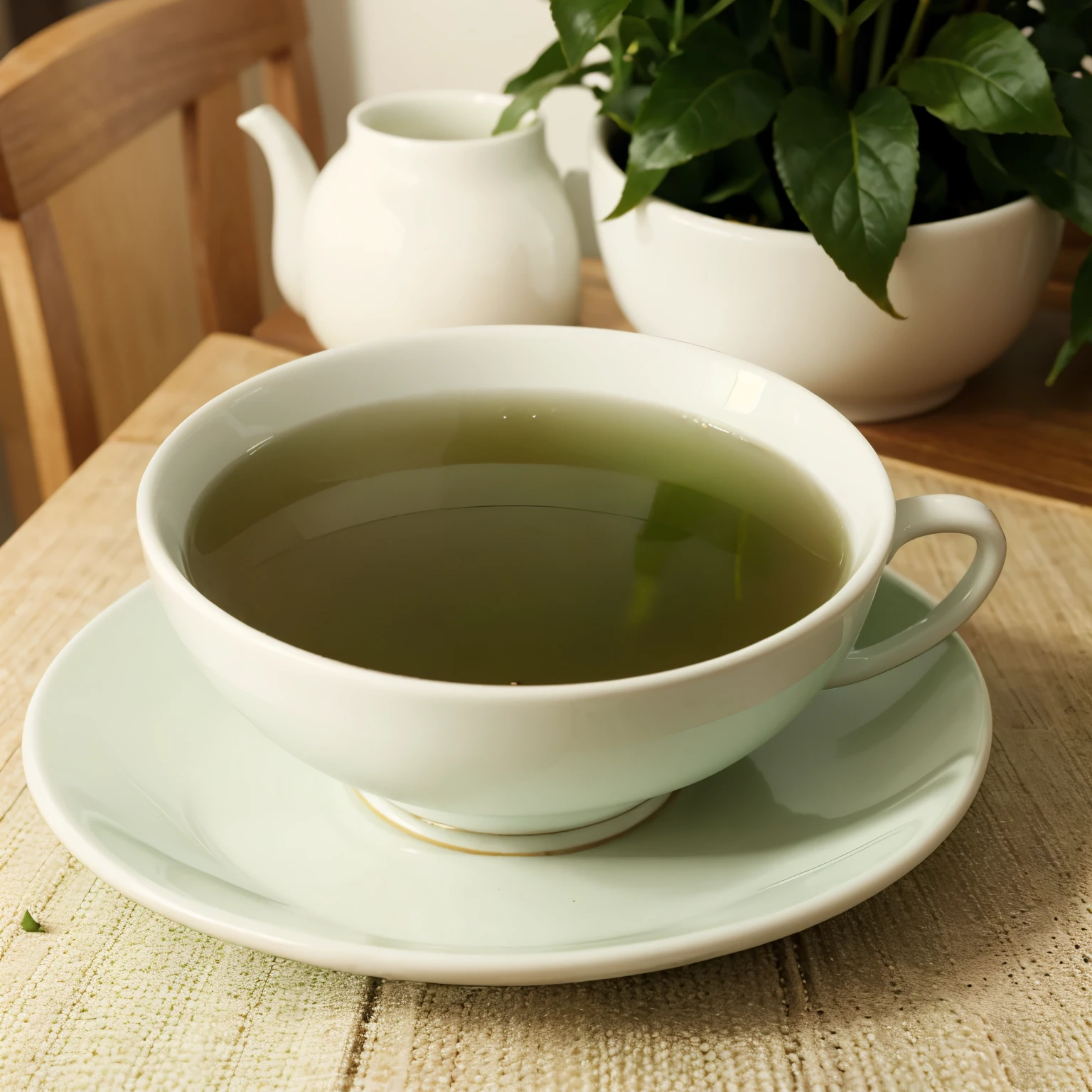 a cup of green tea , in a white cup , on the table