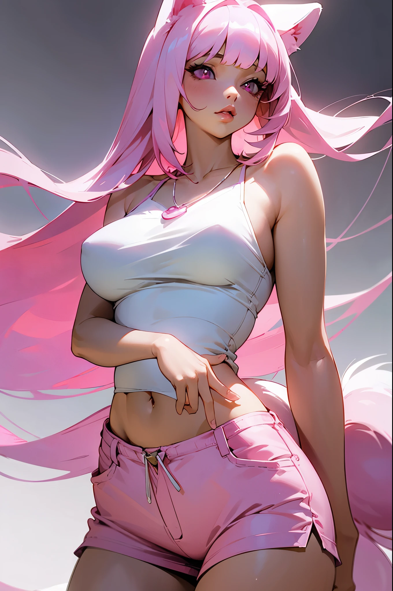1 Girl Long Pink Hair, Blunt Bangs, Light Pink Eyes, Perfect Body Slim Curves, Big Lips, Split Lips, Soft Beauty, Shy, Sexy, Wearing Pure White Camisole, Wearing Pink Shorts, Pink Dog Ears, Pink Dog Tail, White Necklace, Outtown Background, Absurd, High Resolution, Super Sharp, 8K, Masterpiece ...