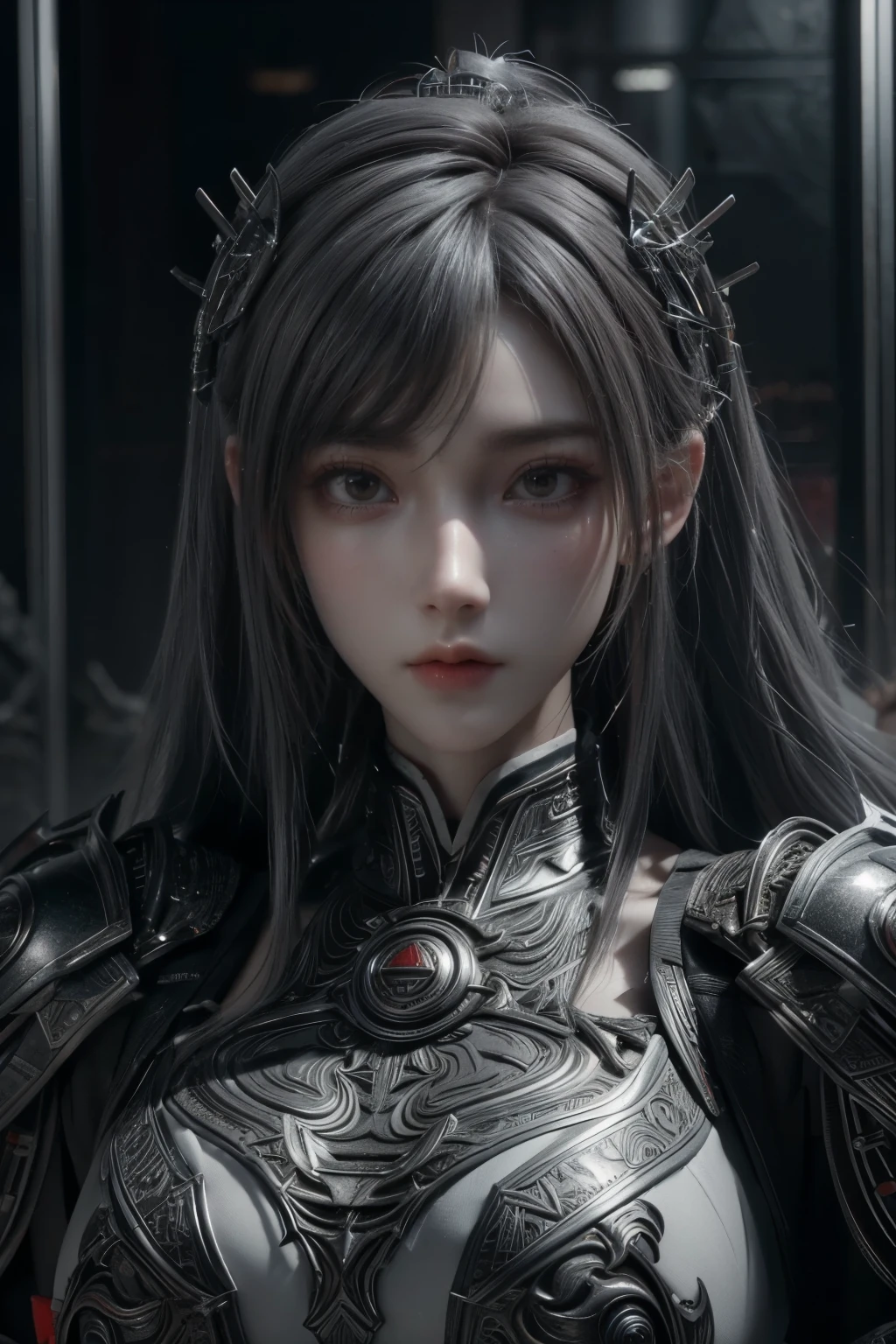 Masterpiece,Game art,The best picture quality,Highest resolution,8K,(Portrait),Unreal Engine 5 rendering works,(Digital Photography),((Portrait Feature:1.5)),
20 year old girl,Short hair details,With long bangs,(The red eye makeup is very meticulous),(With long gray hair:1.4),(Large, full breasts),Elegant and noble,Brave and charming,
(Future armor combined with the characteristics of ancient Chinese armor,Hollow design,Power Armor,The mysterious Eastern runes,A delicate dress pattern,A flash of magic,White),Warrior of the future,Cyberpunk figures,Background of war,
Movie lights,Ray tracing,Game CG,((3D Unreal Engine)),OC rendering reflection pattern
