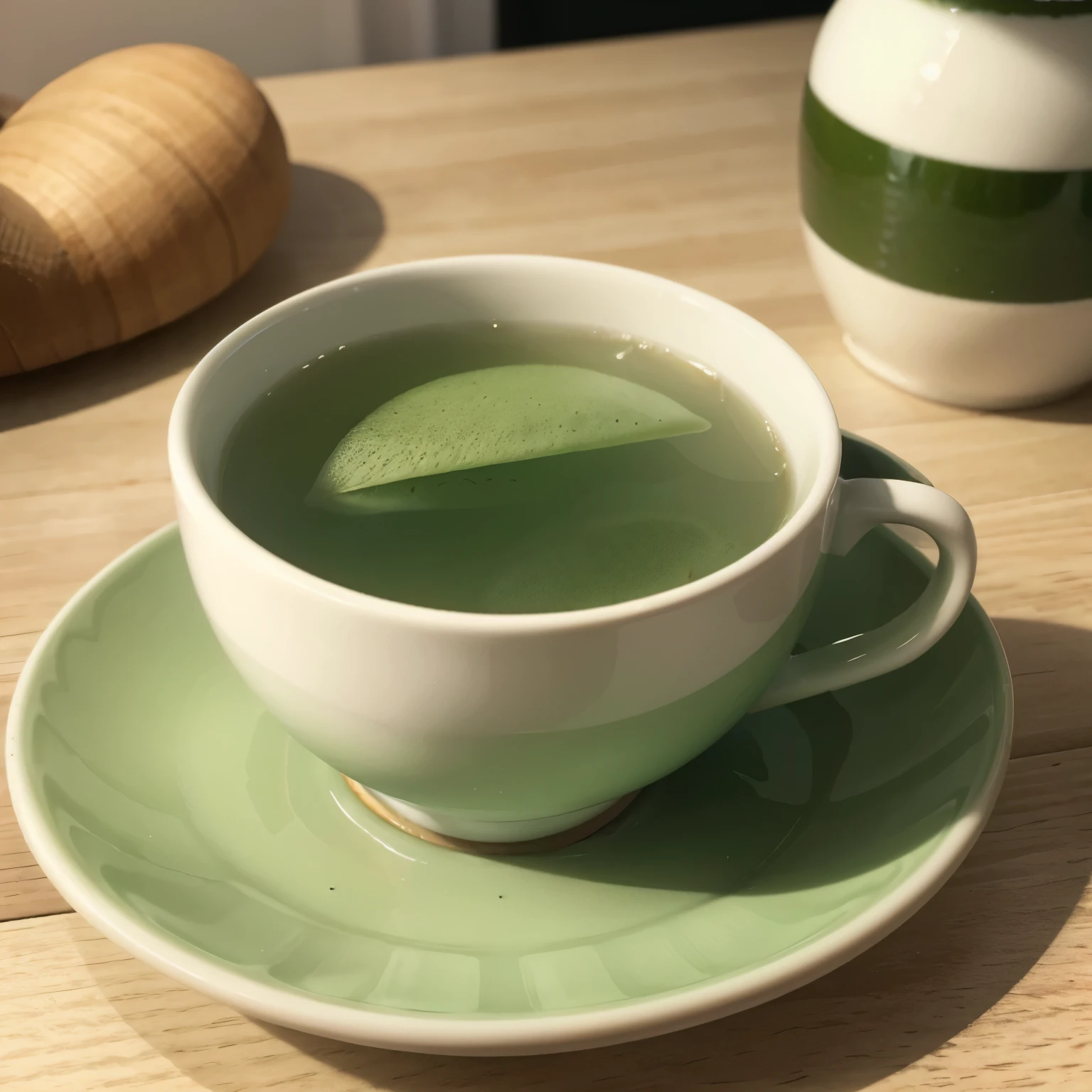 a cup of green tea , in a white cup , on the table