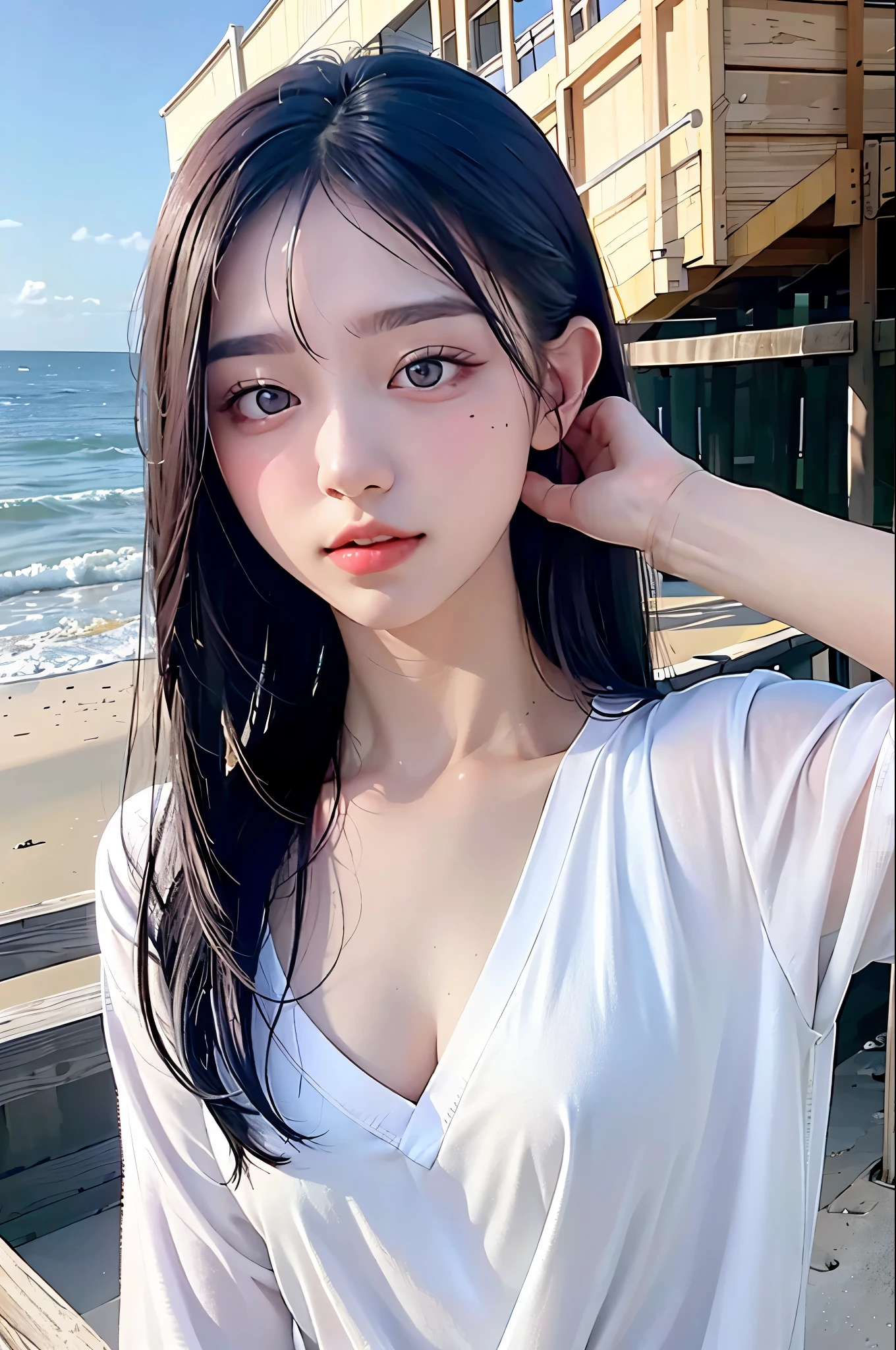 Hot girl, black hair, red eyes, in the beach