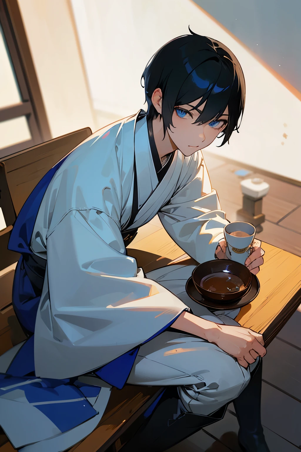 male black hair blue eyes very short hair one person White Cutter slacks black long boots cool sit and drink tea bar arranged feast Japanese-style house table masterpiece Highest image quality noise removal clear parts cinematic shadow Increases the attractiveness of the eyes clear parts the shine of the eyes draw eyelashes neatly perfect eyes detailed eyes sharpen image quality sharpen eye writing clear parts eye shape