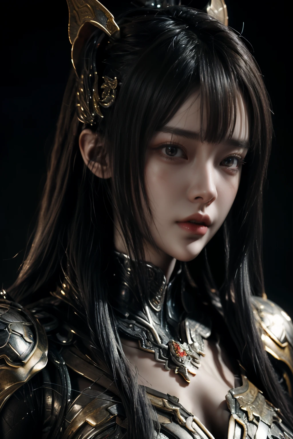 Masterpiece,Game art,The best picture quality,Highest resolution,8K,(Portrait),Unreal Engine 5 rendering works,(Digital Photography),((Portrait Feature:1.5)),
20 year old girl,Short hair details,With long bangs,(The red eye makeup is very meticulous),(With long gray hair:1.4),(Large, full breasts),Elegant and noble,Brave and charming,
(Future armor combined with the characteristics of ancient Chinese armor,Hollow design,Power Armor,The mysterious Eastern runes,A delicate dress pattern,A flash of magic,White),Warrior of the future,Cyberpunk figures,Background of war,
Movie lights，Ray tracing，Game CG，((3D Unreal Engine))，OC rendering reflection pattern