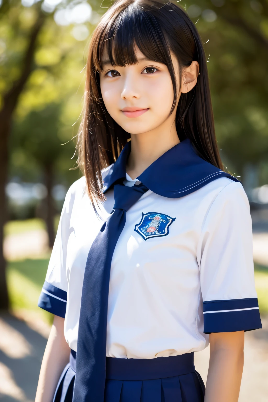 1 girl, alone, japanese girl, 12 years old, (highest quality, realistic, High resolution, 8k, super detailed, detailed face, shiny skin), japanese school uniform, collared shirt, white shirt, ribbon tie, black hair, choppy bangs, ponytail,