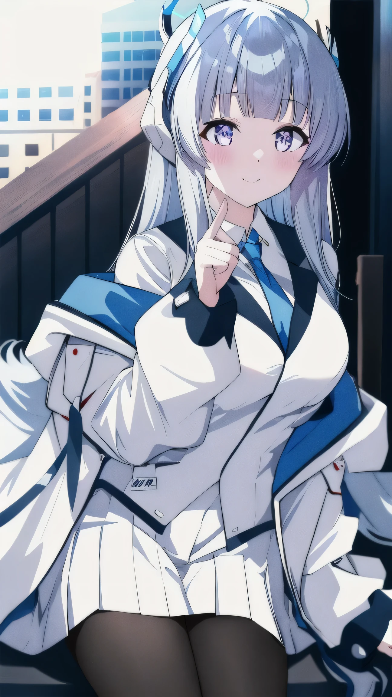 (A superb exquisite ushio noa), 8k, ultra high resolution, (masterpiece:1.2), (highest quality, Beautiful detailed eyes), very delicate, alone, true light and shadow, natural movement, break (blue tie, white shirt, off shoulder, white open jacket, long sleeve, white pleated skirt, black pantyhose), mechanical harrow, outdoors,
