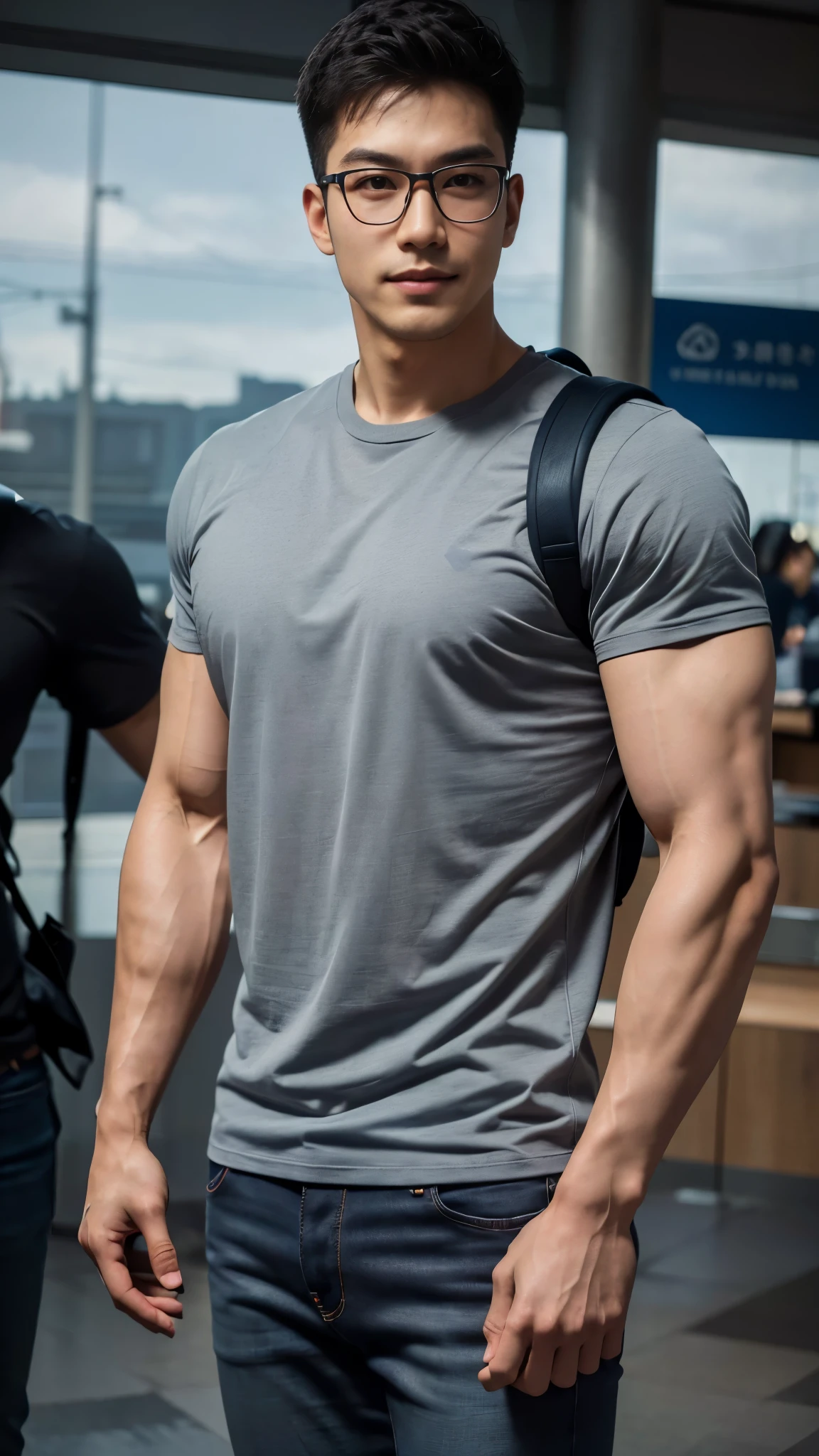 1 man, smile, full body, (Wearing a gray high round neck t-shirt.), Jeans, Korean people , korean men, (high glossy details), chest muscles, large arm muscles, blood vessel, big muscles, Broad shoulders, looking at the audience, Balancing the eyes, (Wear glasses), (Backpack), The background is a train station.