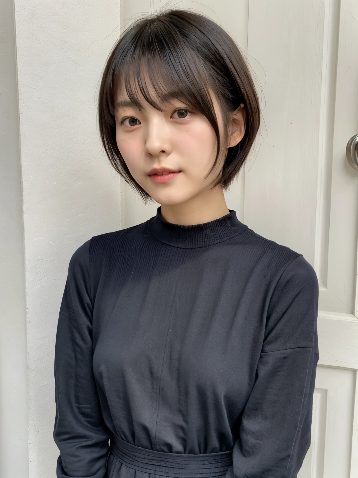 table top、japanese woman、RAW photo (30 year old girl),Black long sleeve dress,realistic skin, (high detail skin:1.2),Taken in front of the white door,spring colors,realistic, film grain,bright colors,beautiful face,soft natural light、shortcut、short hair