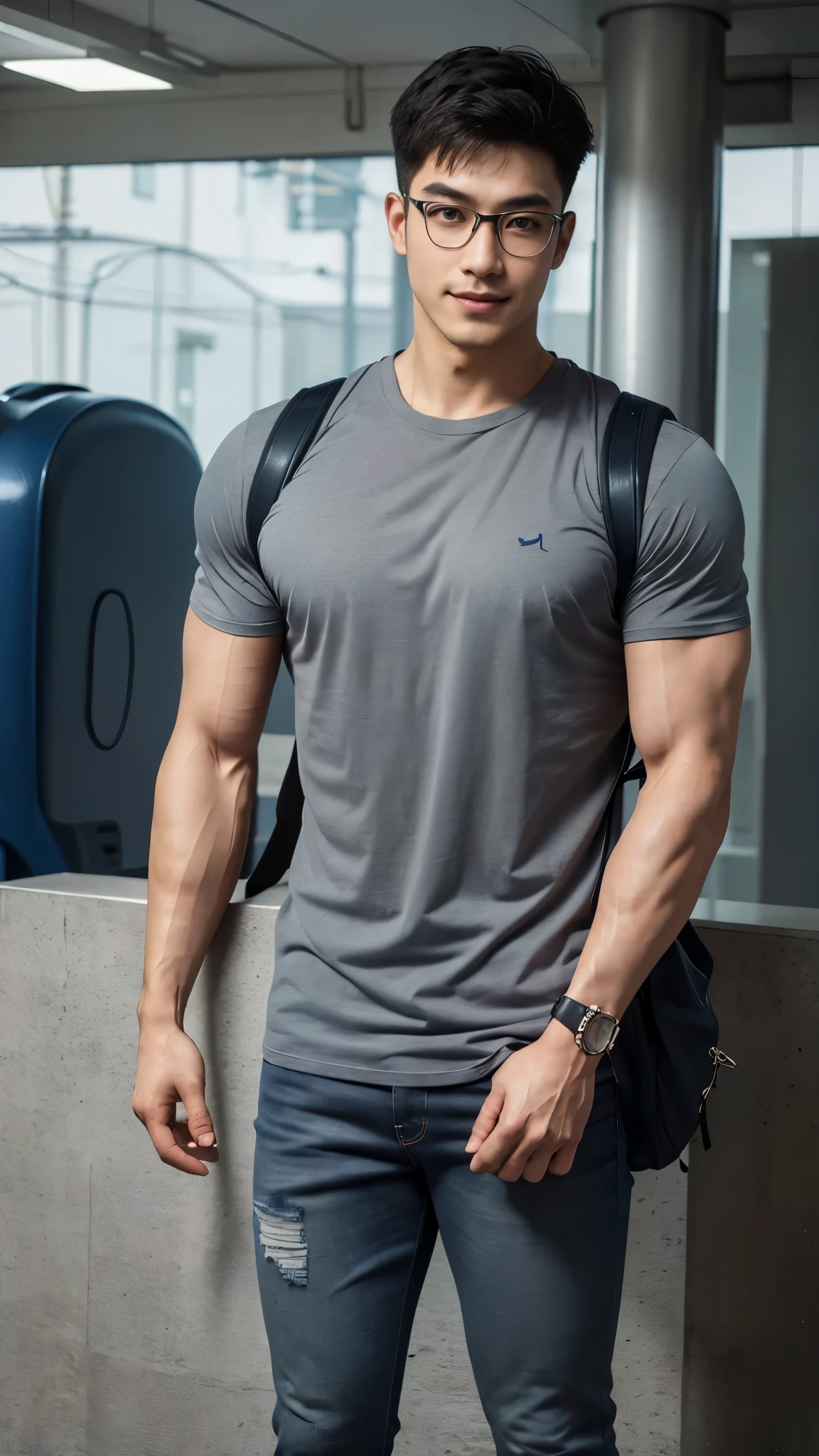 1 man, smile, full body, (Wearing a gray high round neck t-shirt.), Jeans, Korean people , korean men, (high glossy details), chest muscles, large arm muscles, blood vessel, big muscles, Broad shoulders, looking at the audience, Balancing the eyes, (Wear glasses), (Backpack), The background is a train station.