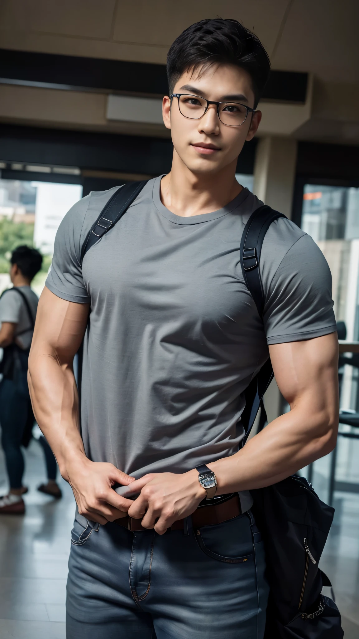 1 man, smile, full body, (Wearing a gray high round neck t-shirt.), Jeans, Korean people , korean men, (high glossy details), chest muscles, large arm muscles, blood vessel, big muscles, Broad shoulders, looking at the audience, Balancing the eyes, (Wear glasses), (Backpack), The background is a train station.