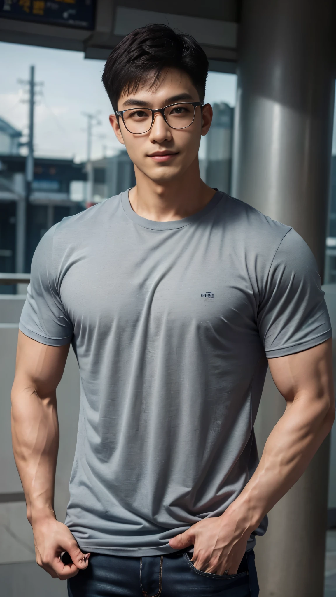 1 man, smile, full body, (Wearing a gray high round neck t-shirt.), Jeans, Korean people , korean men, (high glossy details), chest muscles, large arm muscles, blood vessel, big muscles, Broad shoulders, looking at the audience, Balancing the eyes, (Wear glasses), (Backpack), The background is a train station.