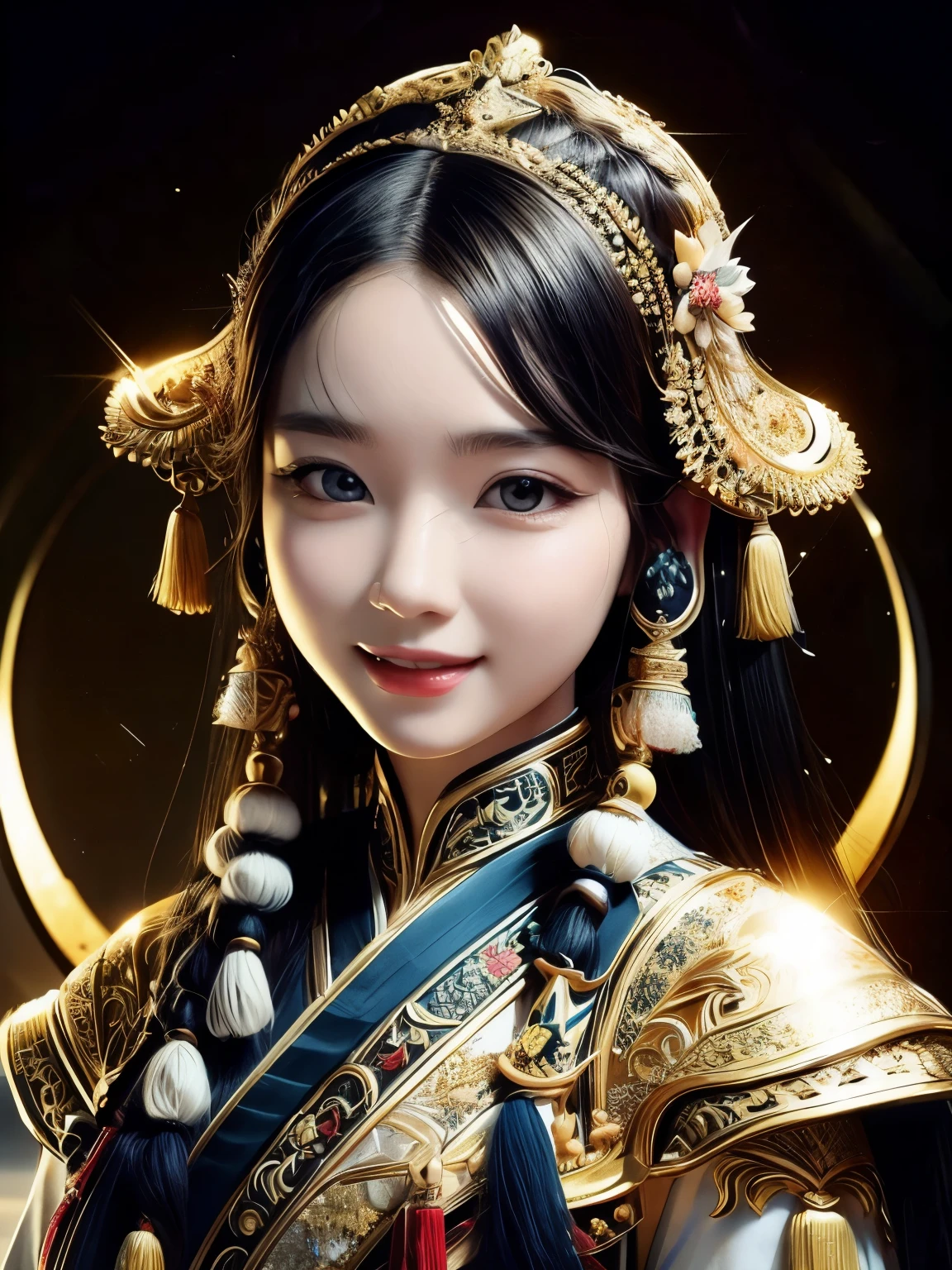 1girl with a big smile in hyper-realistic Chinese portrait style, upper body focus, detailed shading and lighting, by Li Shuxing and Peikang Chen, high resolution, Studio Gobo Render, 4k