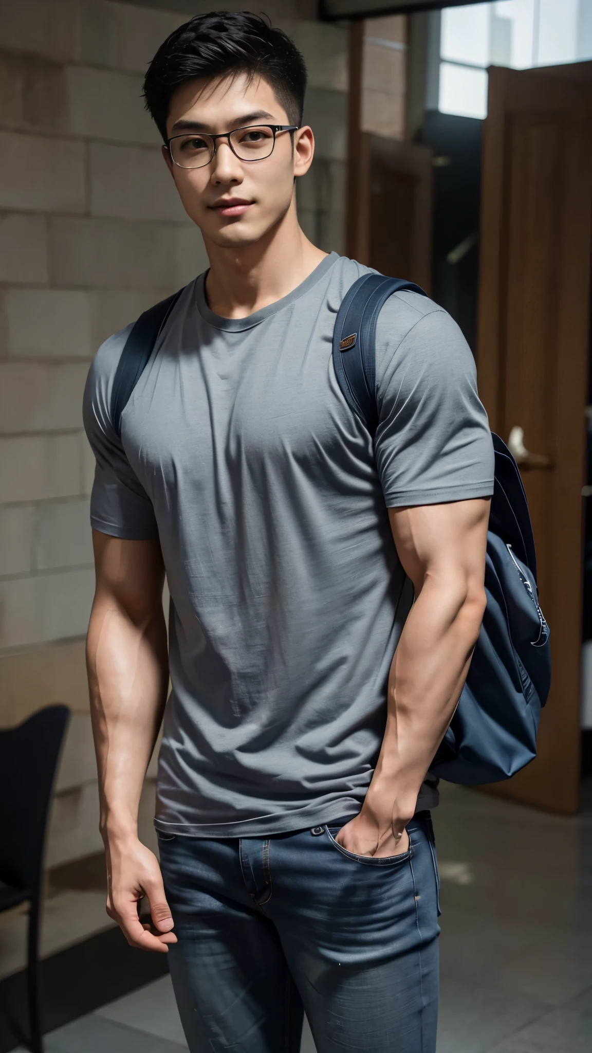 1 man, smile, full body, (Wearing a gray high round neck t-shirt.), Jeans, Korean people , korean men, (high glossy details), chest muscles, large arm muscles, blood vessel, big muscles, Broad shoulders, looking at the audience, Balancing the eyes, (Wear glasses), (Backpack), The background is a train station.