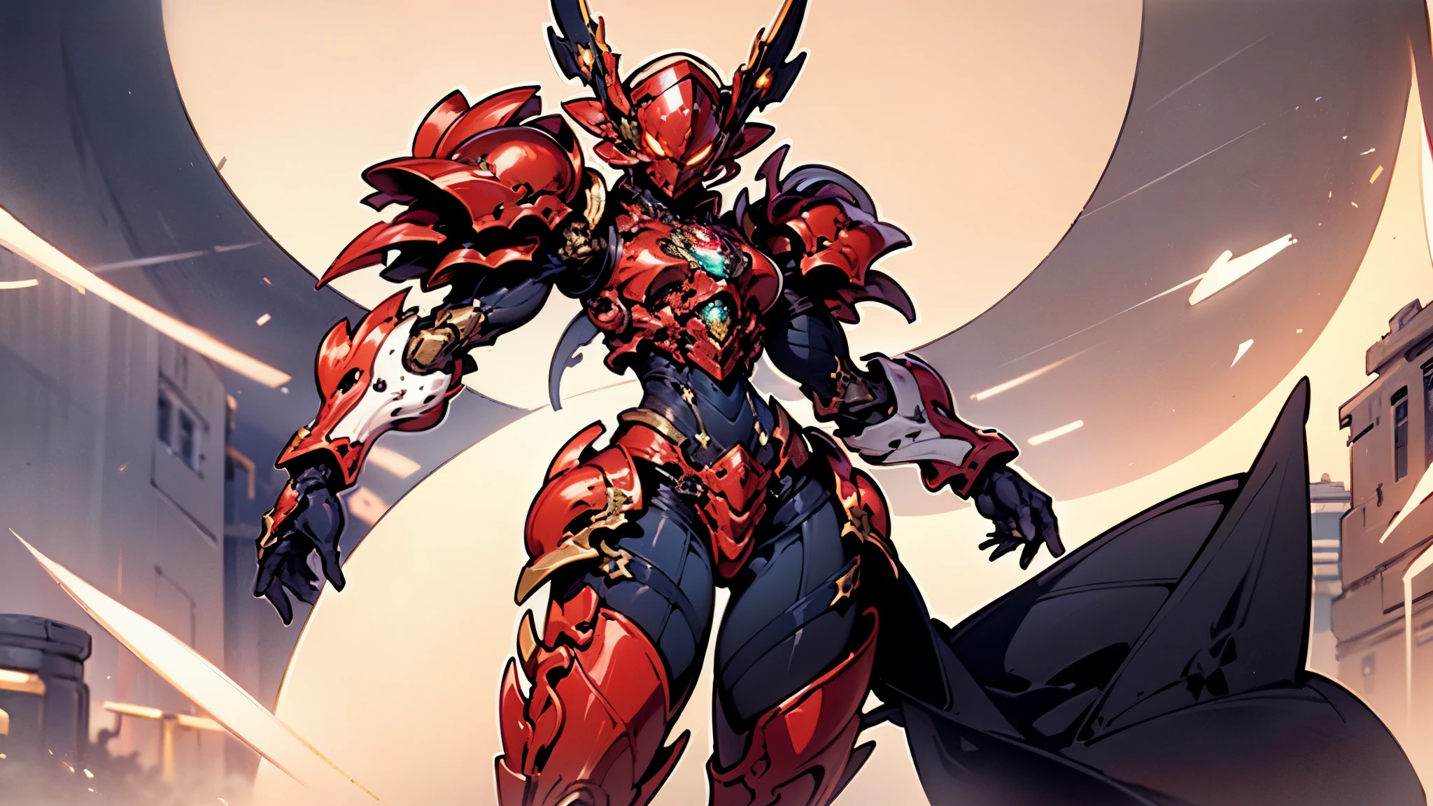 A woman adorned in fantasy-style full-body armor, a crown-concept fully enclosed helmet that unveils only her eyes, a composite layered chest plate, fully encompassing shoulder and hand guards, a lightweight waist armor, form-fitting shin guards, the overall design is heavy-duty yet flexible, ((the armor gleams with a golden glow, complemented by red and blue accents)), exhibiting a noble aura, she floats above a fantasy-surreal high-tech city, this character embodies a finely crafted fantasy-surreal style armored hero in anime style, exquisite and mature manga art style, (Queen bee mixed with Spider concept Armor, plasma, blood), ((Element, energy, elegant, goddess, femminine:1.5)), metallic, high definition, best quality, highres, ultra-detailed, ultra-fine painting, extremely delicate, professional, anatomically correct, symmetrical face, extremely detailed eyes and face, high quality eyes, creativity, RAW photo, UHD, 32k, Natural light, cinematic lighting, masterpiece-anatomy-perfect, masterpiece:1.5