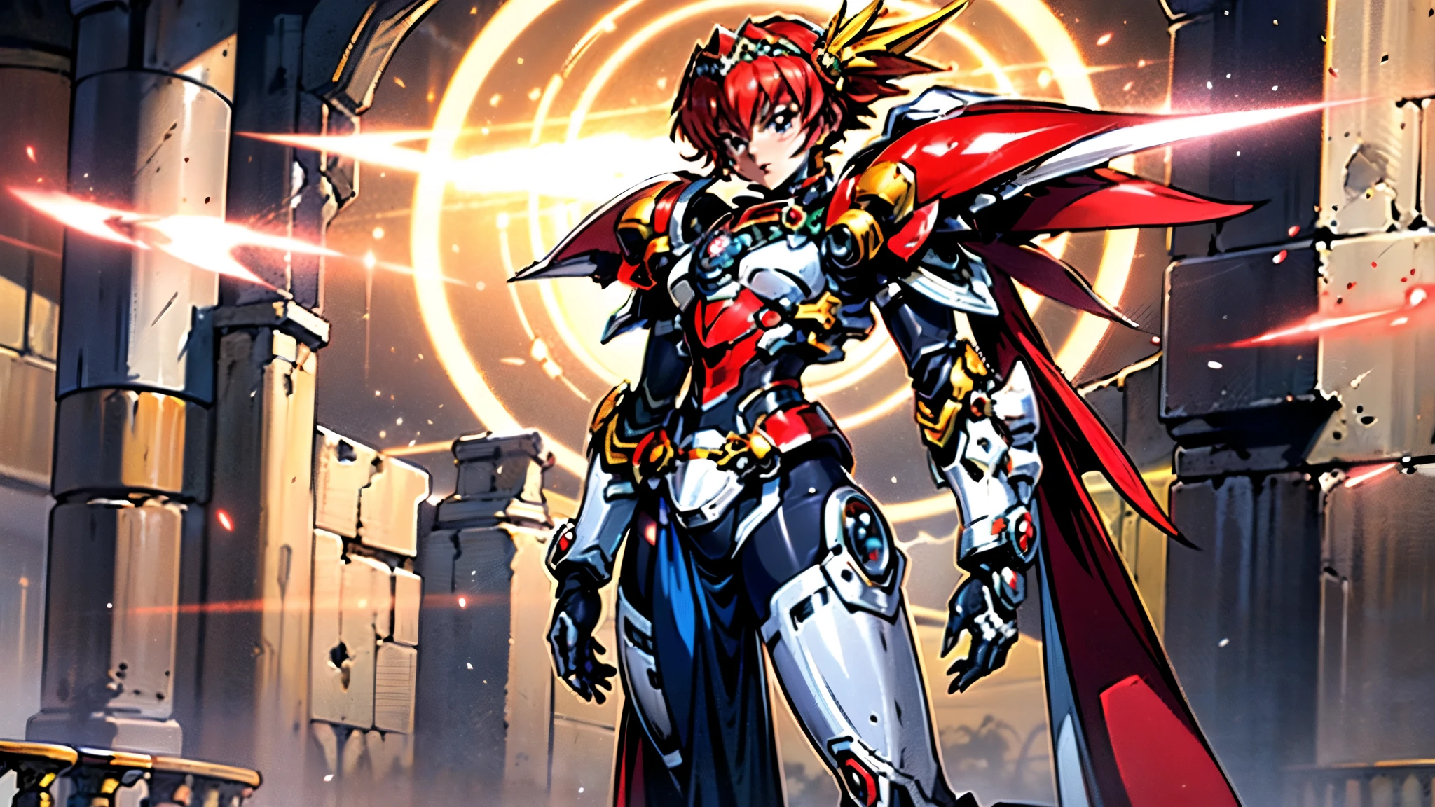 A woman adorned in fantasy-style full-body armor, a crown-concept fully enclosed helmet that unveils only her eyes, a composite layered chest plate, fully encompassing shoulder and hand guards, a lightweight waist armor, form-fitting shin guards, the overall design is heavy-duty yet flexible, ((the armor gleams with a golden glow, complemented by red and blue accents)), exhibiting a noble aura, she floats above a fantasy-surreal high-tech city, this character embodies a finely crafted fantasy-surreal style armored hero in anime style, exquisite and mature manga art style, (Queen bee mixed with Spider concept Armor, plasma, blood), ((Element, energy, elegant, goddess, femminine:1.5)), metallic, high definition, best quality, highres, ultra-detailed, ultra-fine painting, extremely delicate, professional, anatomically correct, symmetrical face, extremely detailed eyes and face, high quality eyes, creativity, RAW photo, UHD, 32k, Natural light, cinematic lighting, masterpiece-anatomy-perfect, masterpiece:1.5