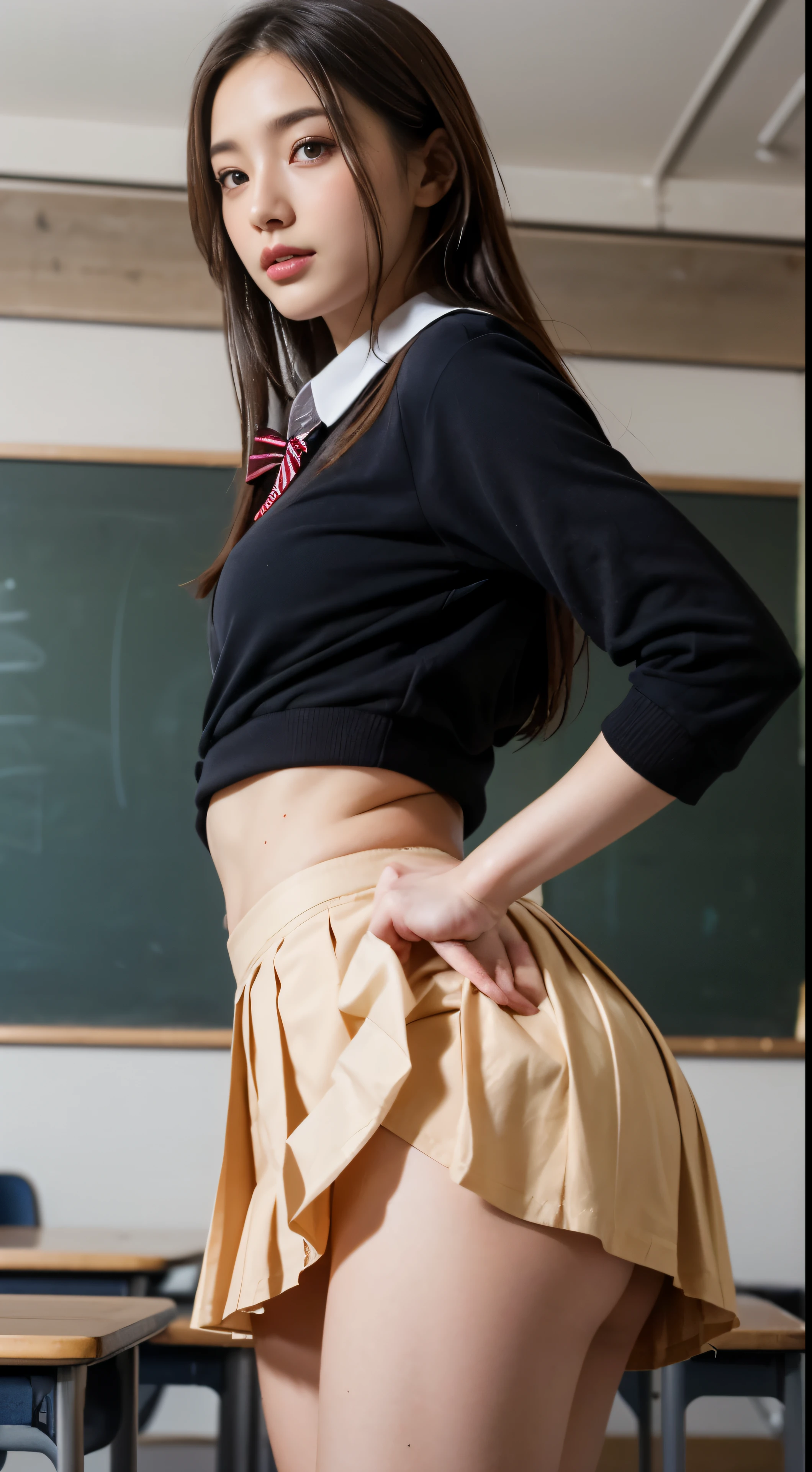 (1 girl), (sexy look:1.5), (flat chest:1.3), (very detailed目, very detailed顔), (超realistic, High resolution), (highest quality:1.4), (hyper quality), realistic skin texture, RAW photo, (realistic, Photoreal:1.37), very detailed, professional photography, (school uniform, pleated skirt:1.3), (look at me), (School, classroom), ((Meet me face to face:1.4)), (((Please hold the hem of your skirt and show me your pants.:1.4))), (from below:1.3), realistic private parts, lace panties, Japanese high school girl、超highest quality、masterpiece、超High resolution、Depth of written boundary、(Photoreal:1.4)、(Award-winning photo、信じられないほどのmasterpiece:1.3) 、RAW photography、golden ratio、Highly detailed CG Unity 8k wallpaper、detailed and complex、original、High resolution、RAW photo、(perfect body shape)、detailed and complex、Digital single-lens reflex camera、soft writing、(background person blur:1.1)、Sigma 85mmF/1.4、50mm Lenac lighting、nffsw、hyper real、color grade, Rear view,from below:1.3), realistic private parts,