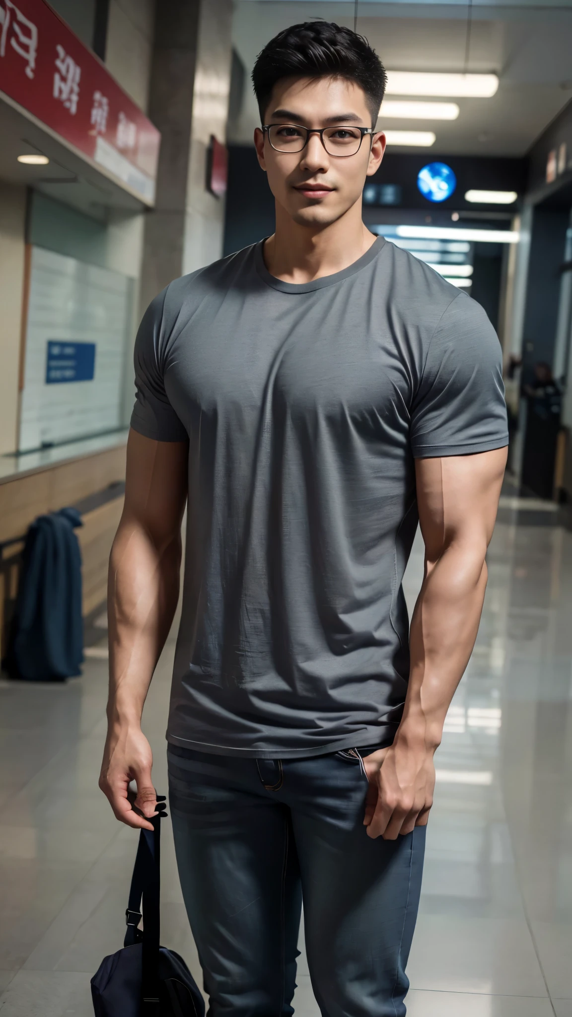 1 man, smile, full body, (Wearing a gray high round neck t-shirt.), Jeans, Korean people , korean men, (high glossy details), chest muscles, large arm muscles, blood vessel, big muscles, Broad shoulders, looking at the audience, Balancing the eyes, (Wear glasses), (Backpack), The background is a train station.