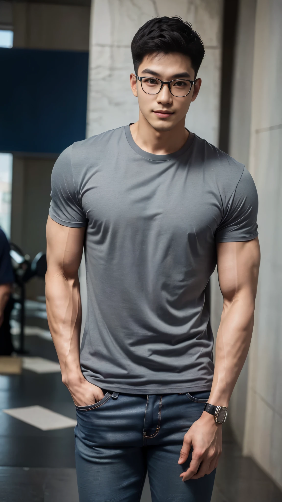 1 man, smile, full body, (Wearing a gray high round neck t-shirt.), Jeans, Korean people , korean men, (high glossy details), chest muscles, large arm muscles, blood vessel, big muscles, Broad shoulders, looking at the audience, Balancing the eyes, (Wear glasses), (Backpack), The background is a train station.